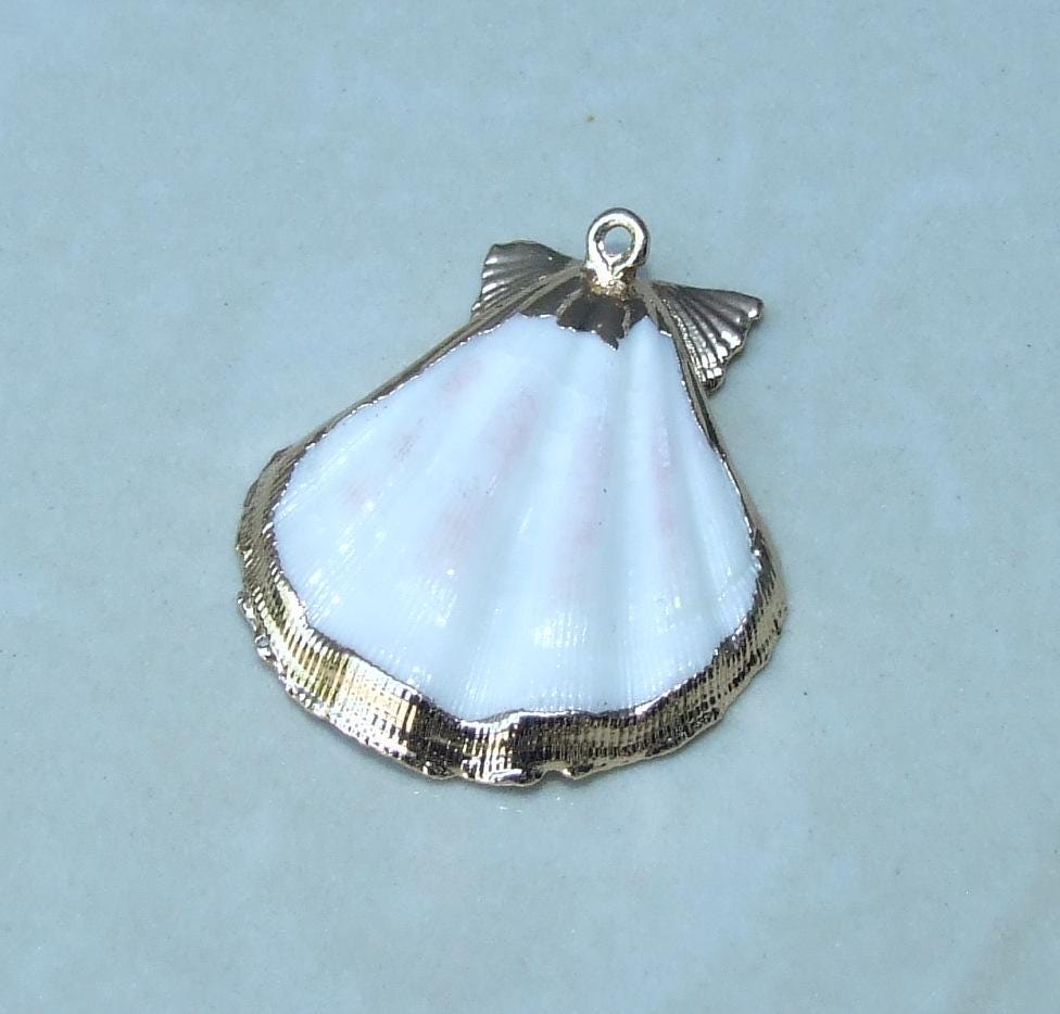 Natural Scallop Shell Pendant, Gold Edge Loop, Natural Seashell, Deep Sea Shell, Shell Necklace, Beach Jewelry, Ocean Seashell, 32-42mm W04 - EDGBeadsandGems