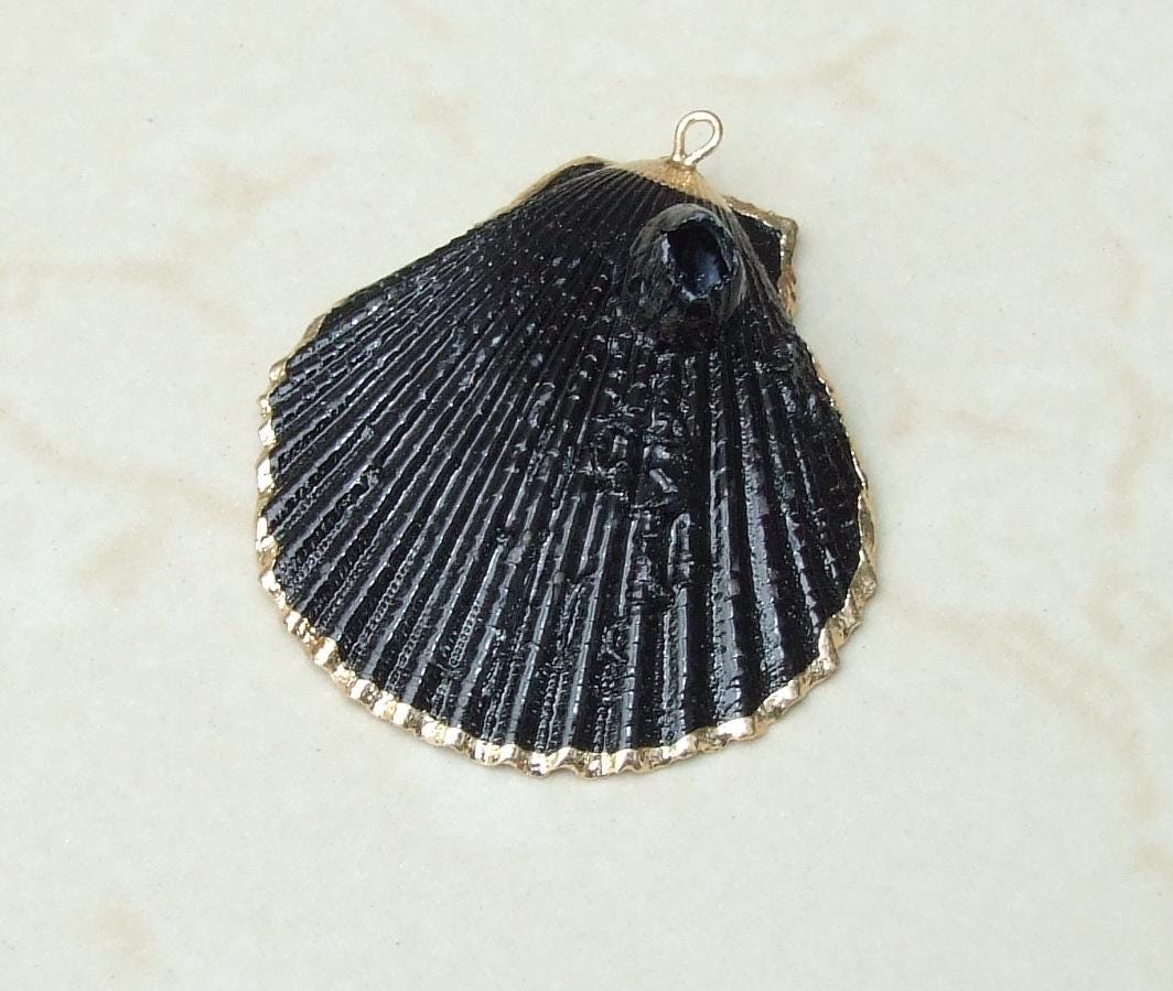 Barnacles, Shell Pendants with Barnacles, Color Washed Scallop Shell Pendant, Gold Edge, Seashell Necklace, Ocean Beach Jewelry, 45-65+mm - EDGBeadsandGems