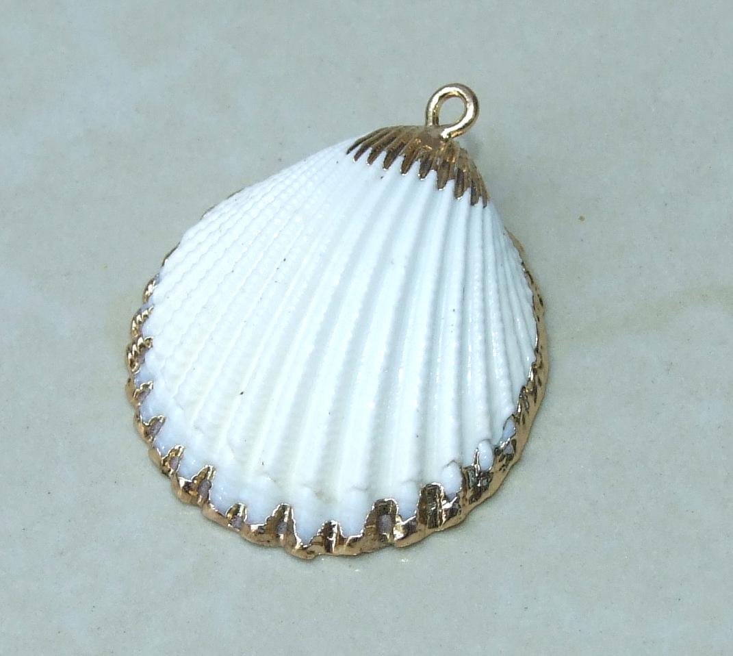 Natural Sea Shell Pendant, Seashell Bead, Shell Pendant, Charm, Clam Shell, Shell Jewelry, Beach Jewelry, White and Gold - 40/55mm - 61-05 - EDGBeadsandGems