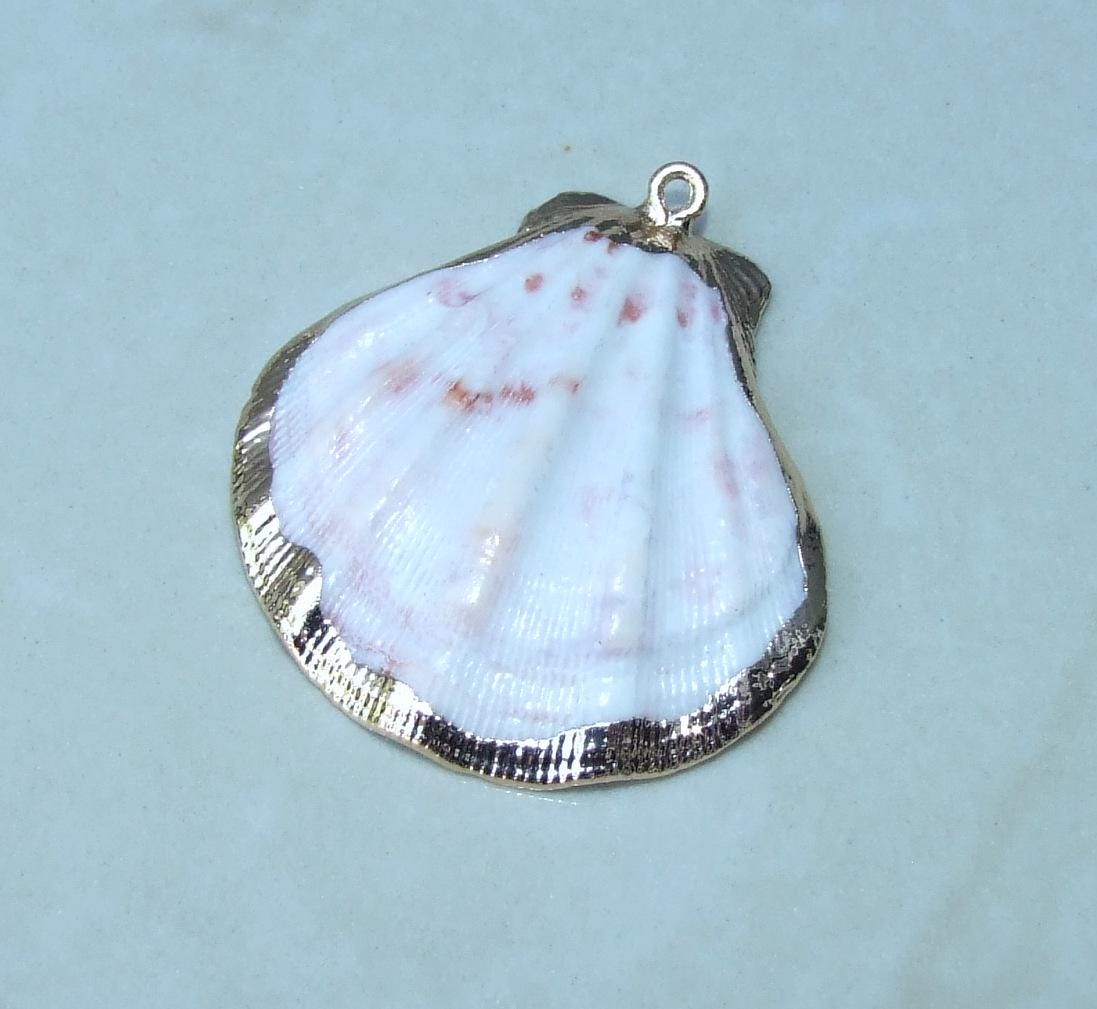 Natural Scallop Shell Pendant, Gold Edge Loop, Natural Seashell, Deep Sea Shell, Shell Necklace, Beach Jewelry, Ocean Seashell, 35-45mm W04 - EDGBeadsandGems
