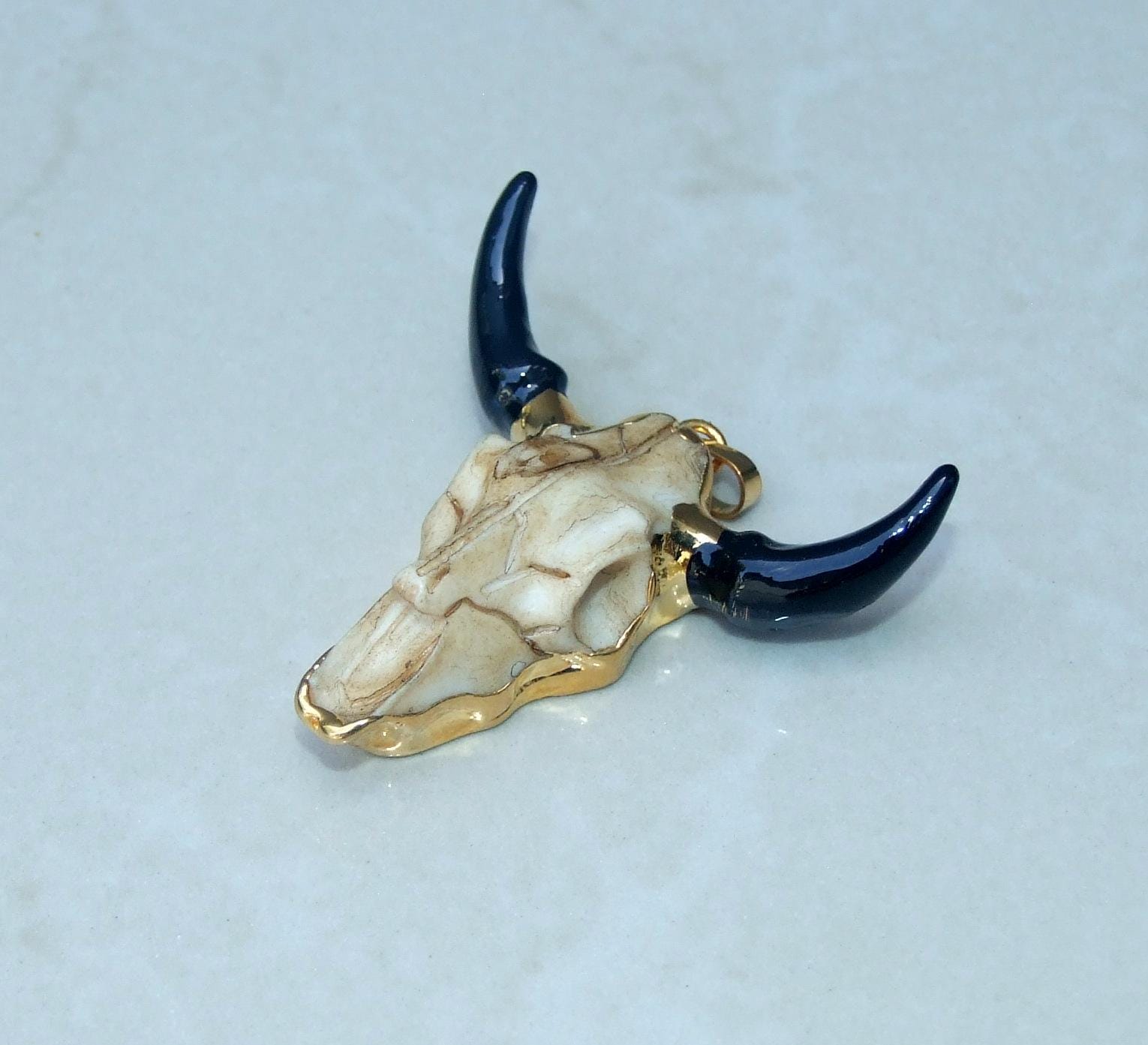 Gold and Black Longhorn Cattle Skull Pendant - Skull Pendant - Buffalo Skull Pendant - Cow Horn - Charm- Gold Plated - 45mm x 45mm - EDGBeadsandGems
