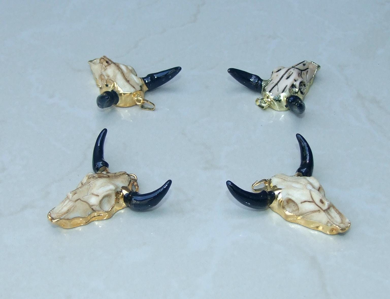 Gold and Black Longhorn Cattle Skull Pendant - Skull Pendant - Buffalo Skull Pendant - Cow Horn - Charm- Gold Plated - 45mm x 45mm - EDGBeadsandGems