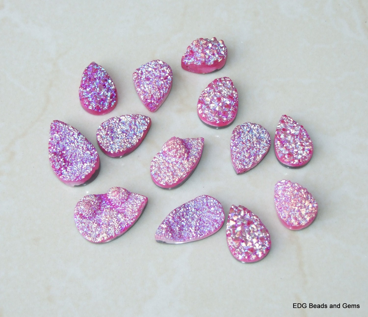 Titanium Druzy - Red Green Gold Silver - Agate Teardrop Titanium Quartz Druzy - Multicolored - 20mm x 25mm - EDGBeadsandGems
