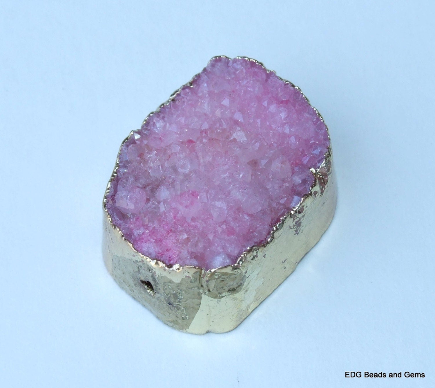 20% Off Pink - Druzy Connector, Druzy Agate Quartz. Gold Plated Edge - Center Drilled - Druzy Agate Pendant Bead - 25mm x 32mm - 542 - EDGBeadsandGems