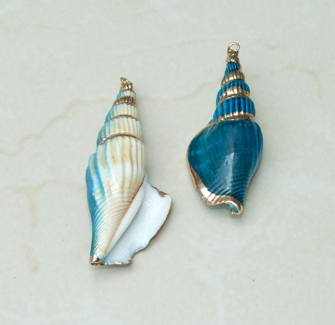 Large Blue Spiral Sea Shell Pendant, Gold Edge, Spiral Shell Bead, Seashell Pendant, Cone Shell, Conch Shell, Beach Ocean Jewelry, 05B - EDGBeadsandGems