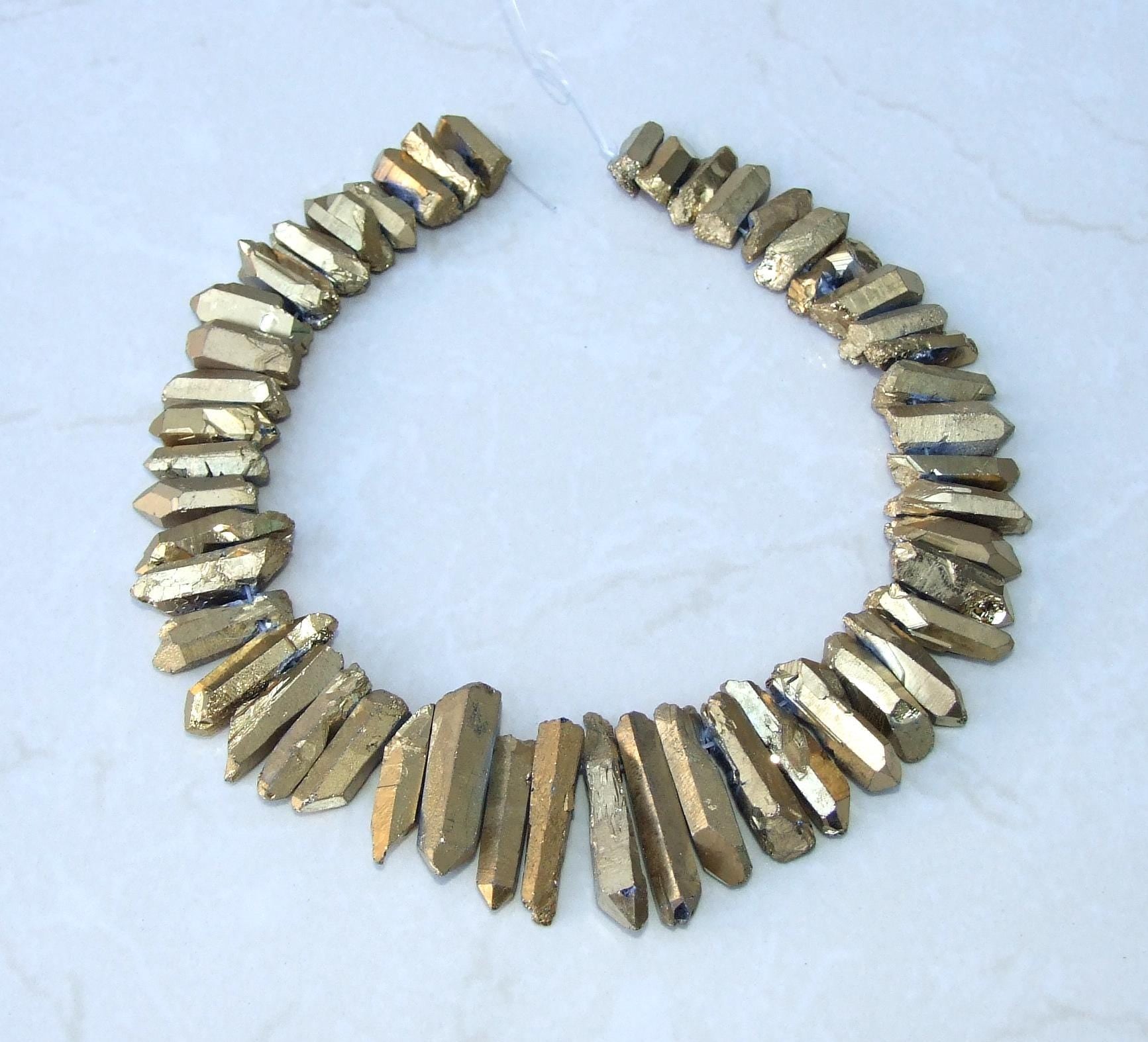 Gold Titanium Quartz Cluster Point, Quartz Points Strand, Raw Quartz Points Drilled, Quartz Crystal Points Strand of Beads, 20-40mm - EDGBeadsandGems