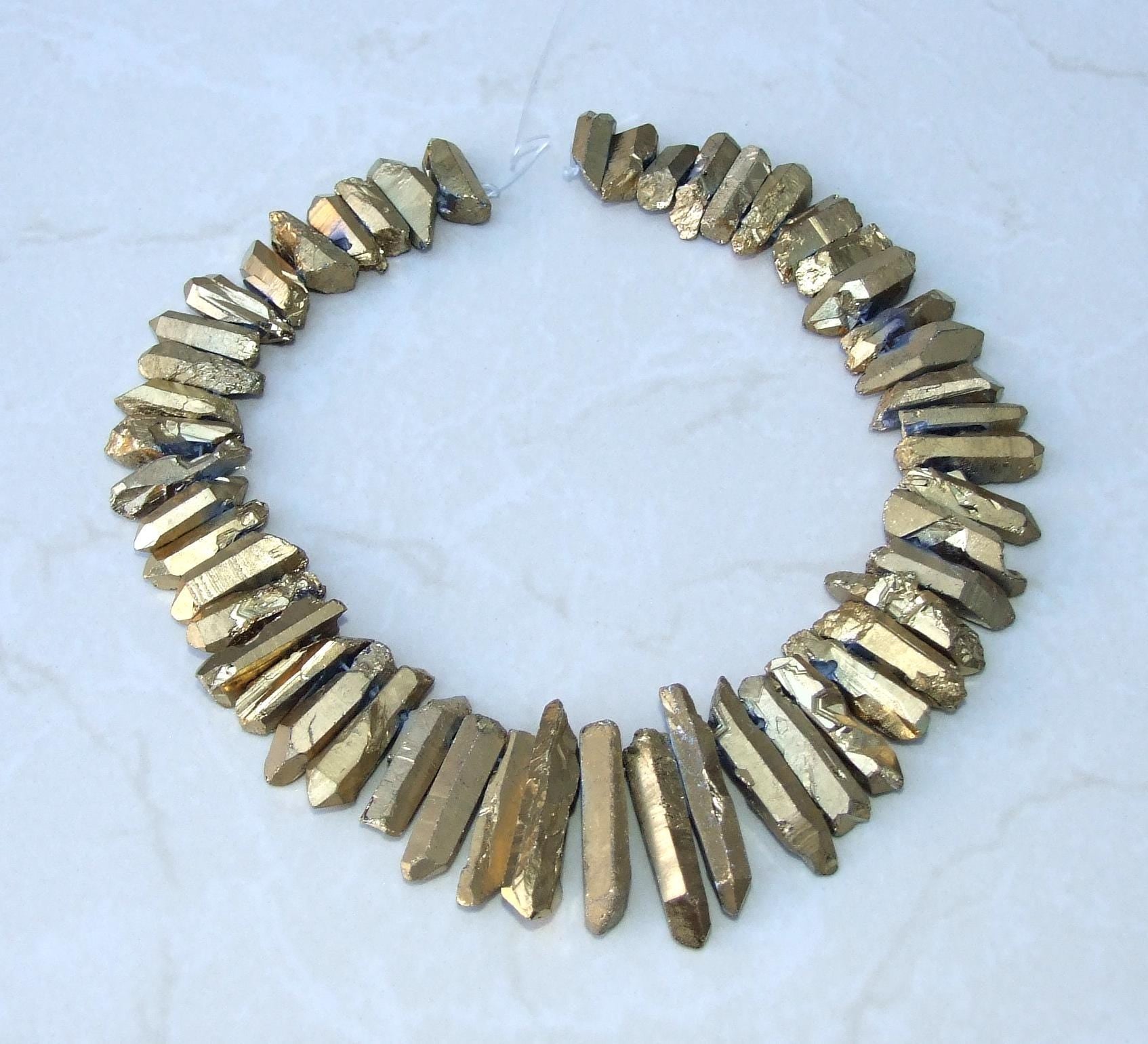 Thick Gold Titanium Quartz Cluster Point, Quartz Points Strand, Raw Quartz Points Drilled, Quartz Crystal Points Strand of Beads, 20-40mm - EDGBeadsandGems