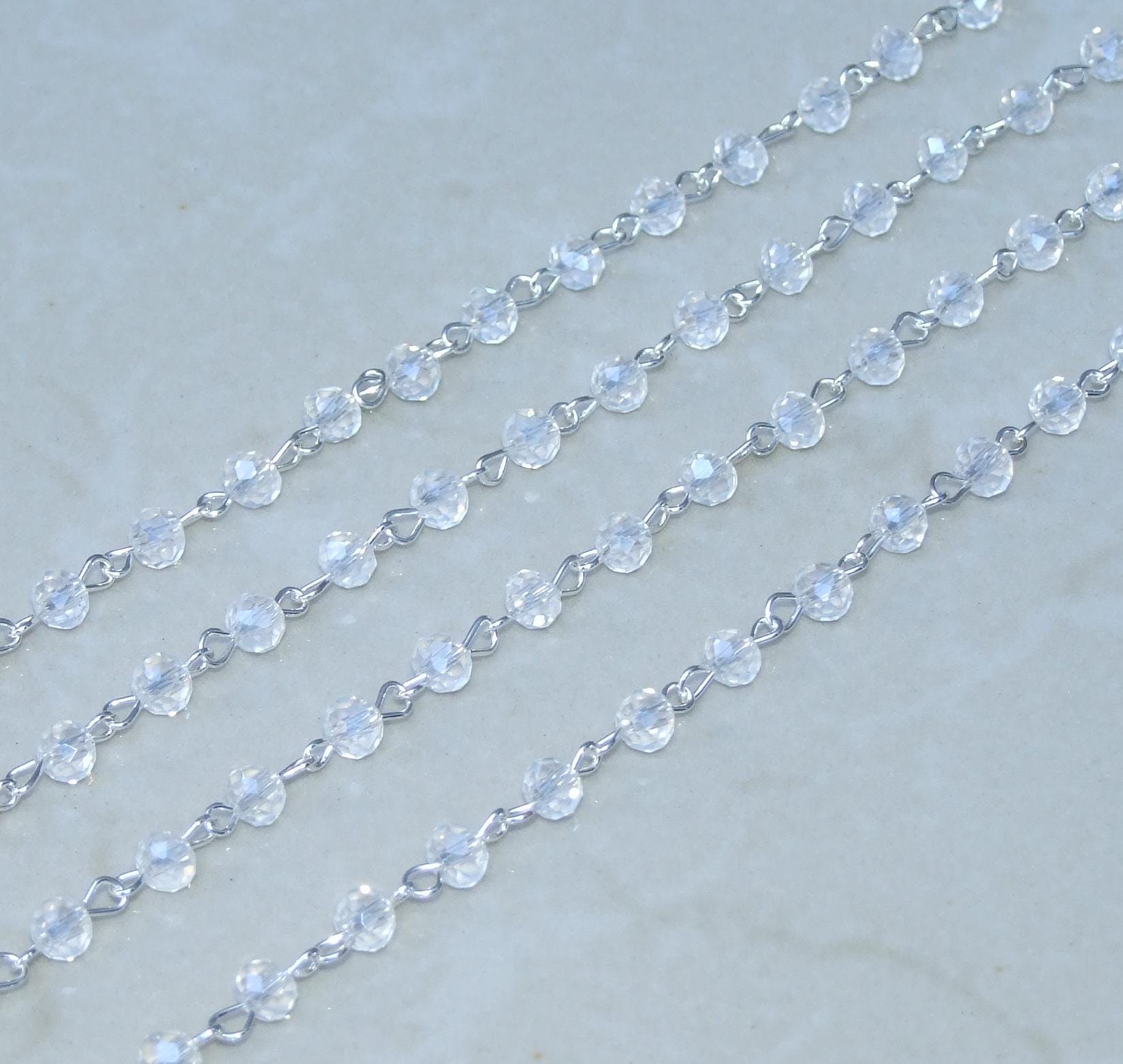 Clear Faceted Glass Bead Rosary Chain, 1 Meter, Beaded Chain, Body Chain Jewelry, Silver Chain, Necklace Chain, Belly Chain, 6mm and 8mm 01 - EDGBeadsandGems