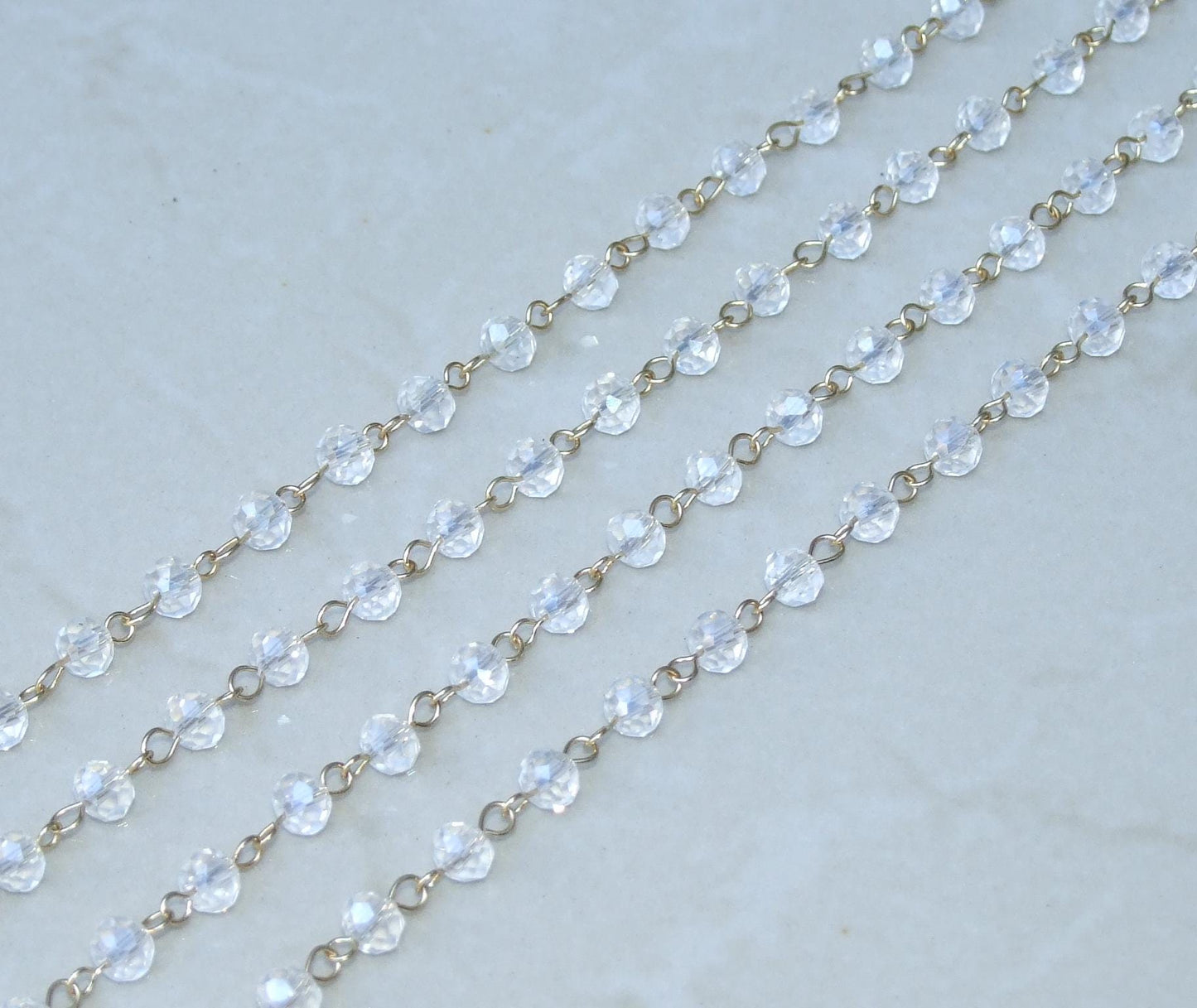 Clear AB Faceted Glass Bead Rosary Chain, 1 Meter, Beaded Chain, Body Chain Jewelry, Silver Chain, Necklace Chain, Belly Chain, 5mm x 6mm 04 - EDGBeadsandGems
