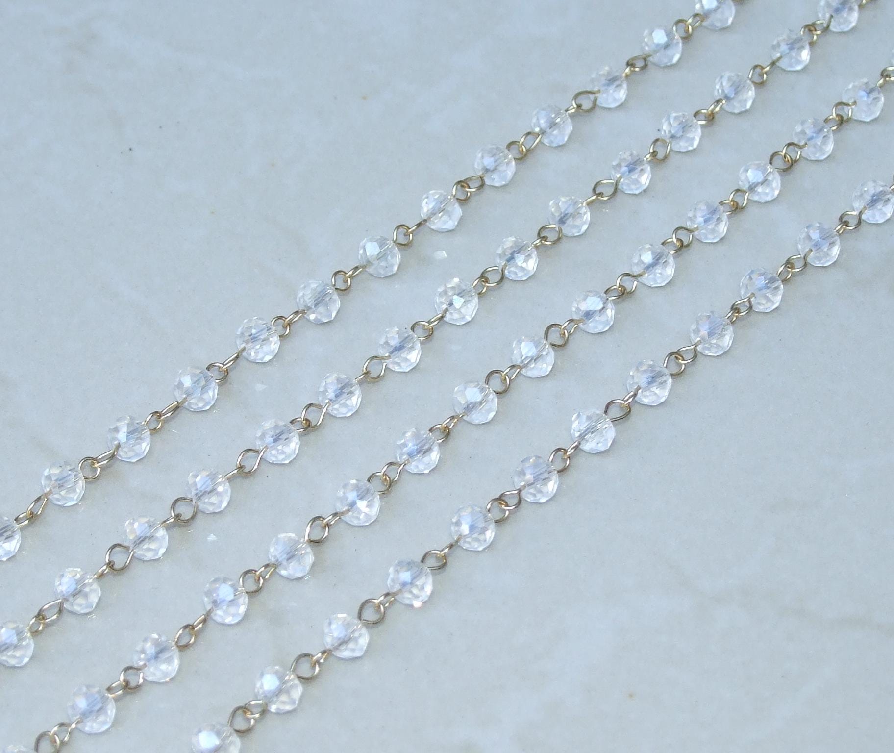 Clear AB Faceted Glass Bead Rosary Chain, 1 Meter, Beaded Chain, Body Chain Jewelry, Silver Chain, Necklace Chain, Belly Chain, 5mm x 6mm 04 - EDGBeadsandGems