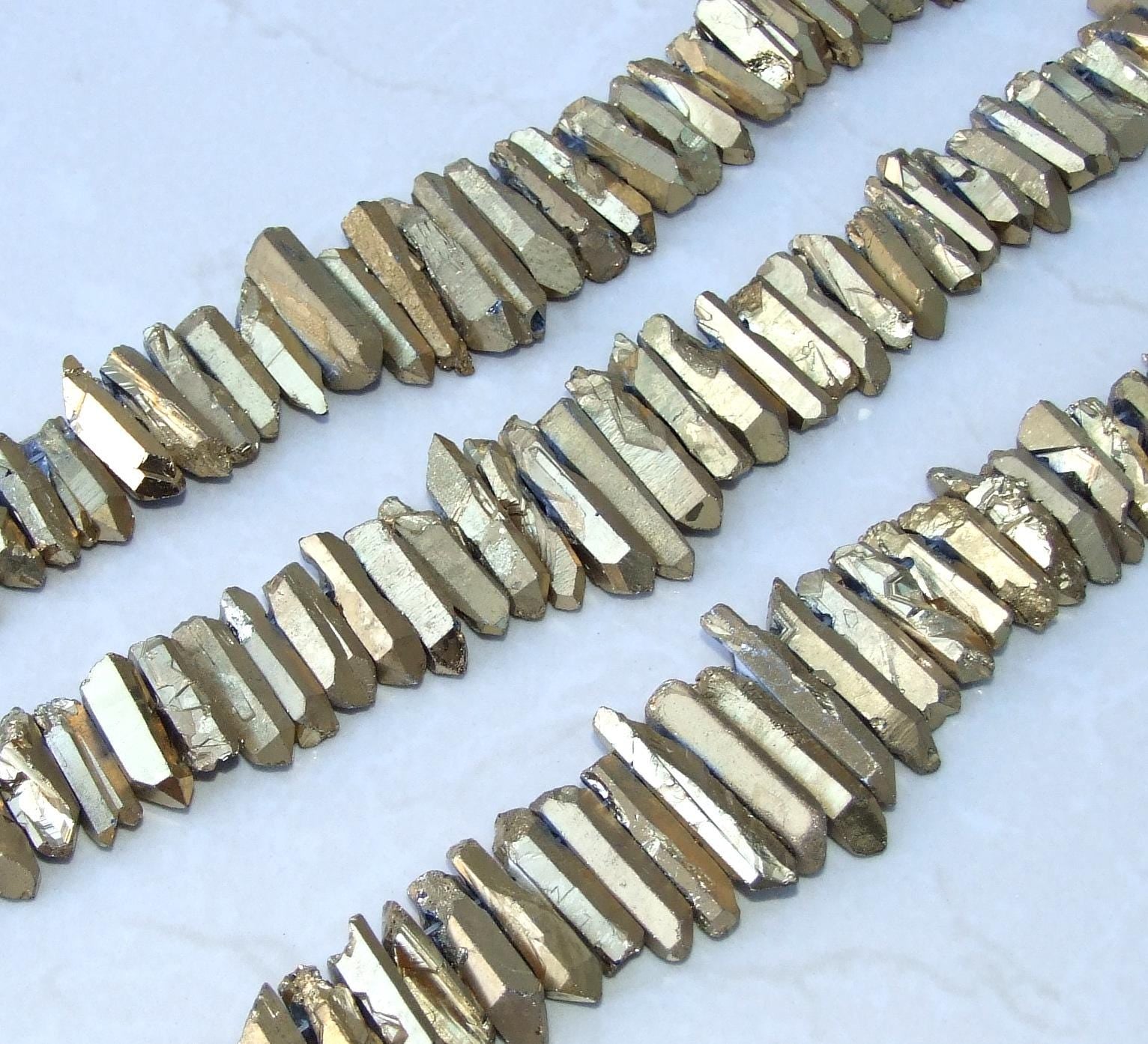 Thick Gold Titanium Quartz Cluster Point, Quartz Points Strand, Raw Quartz Points Drilled, Quartz Crystal Points Strand of Beads, 20-40mm - EDGBeadsandGems
