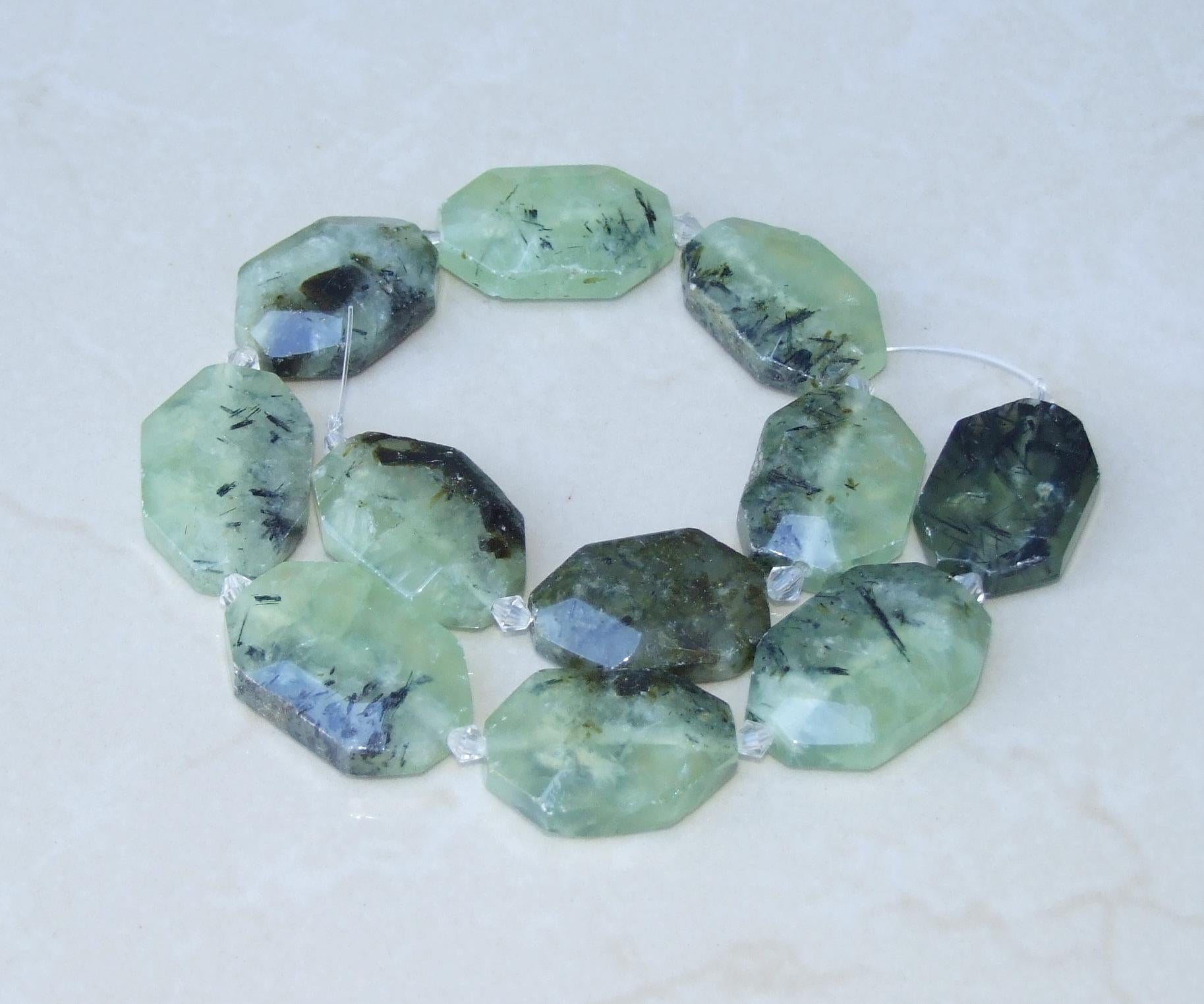 Prehnite Faceted Bead Strand – Natural 23×32 mm Emerald-Cut Stones, Center-Drilled Gemstone Strand for Jewelry Making & Healing - 8298 - EDGBeadsandGems