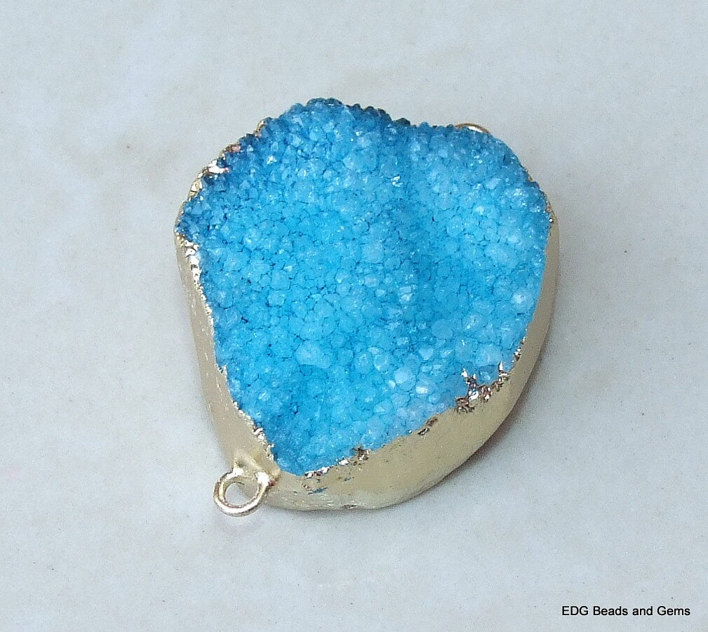 Blue - Druzy Connector - Quartz Druzy Agate - Druzy Connector- Druzy Pendant - Gold Plated Edge, Bezel and Loops - 25mm x 31mm - 3021 - EDGBeadsandGems