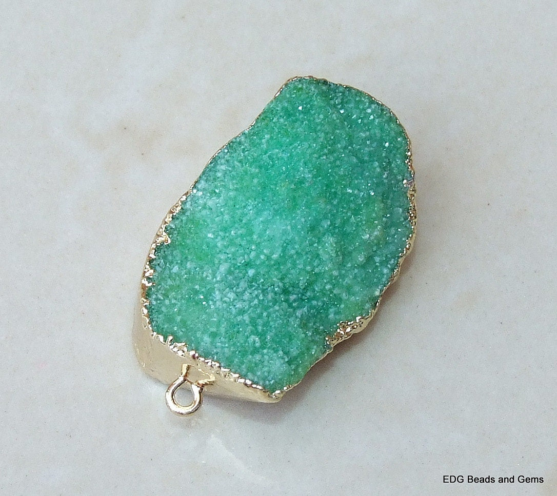 Green - Druzy Connector - Quartz Druzy Agate - Druzy Connector- Druzy Pendant - Gold Plated Edge, Bezel and Loops - 21mm x 31mm - 3038 - EDGBeadsandGems