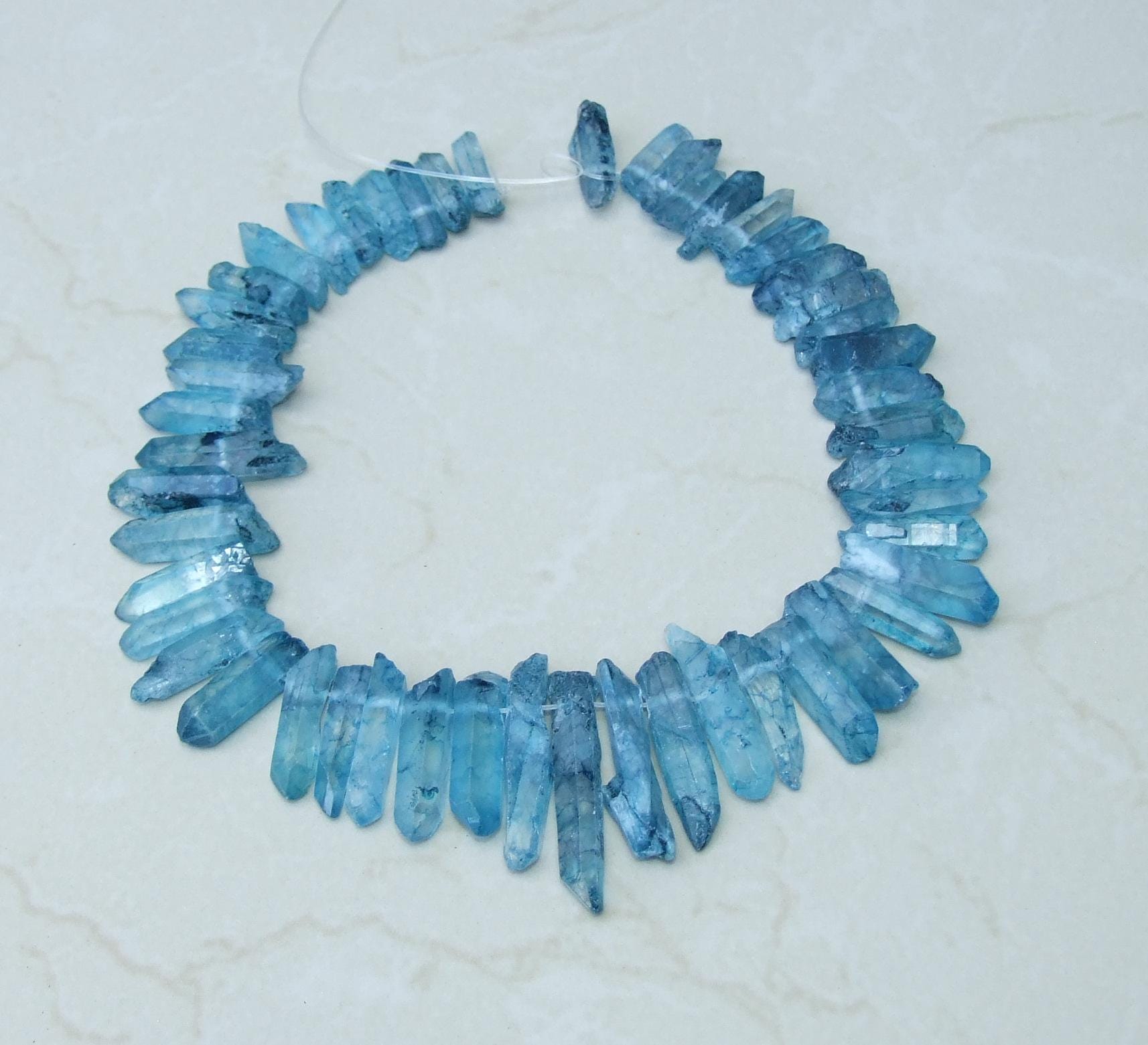Lake Blue Titanium Quartz Points, Quartz Points Strand, Raw Points Top Drilled, Crystals Points Strand of Beads, 20-40mm - EDGBeadsandGems