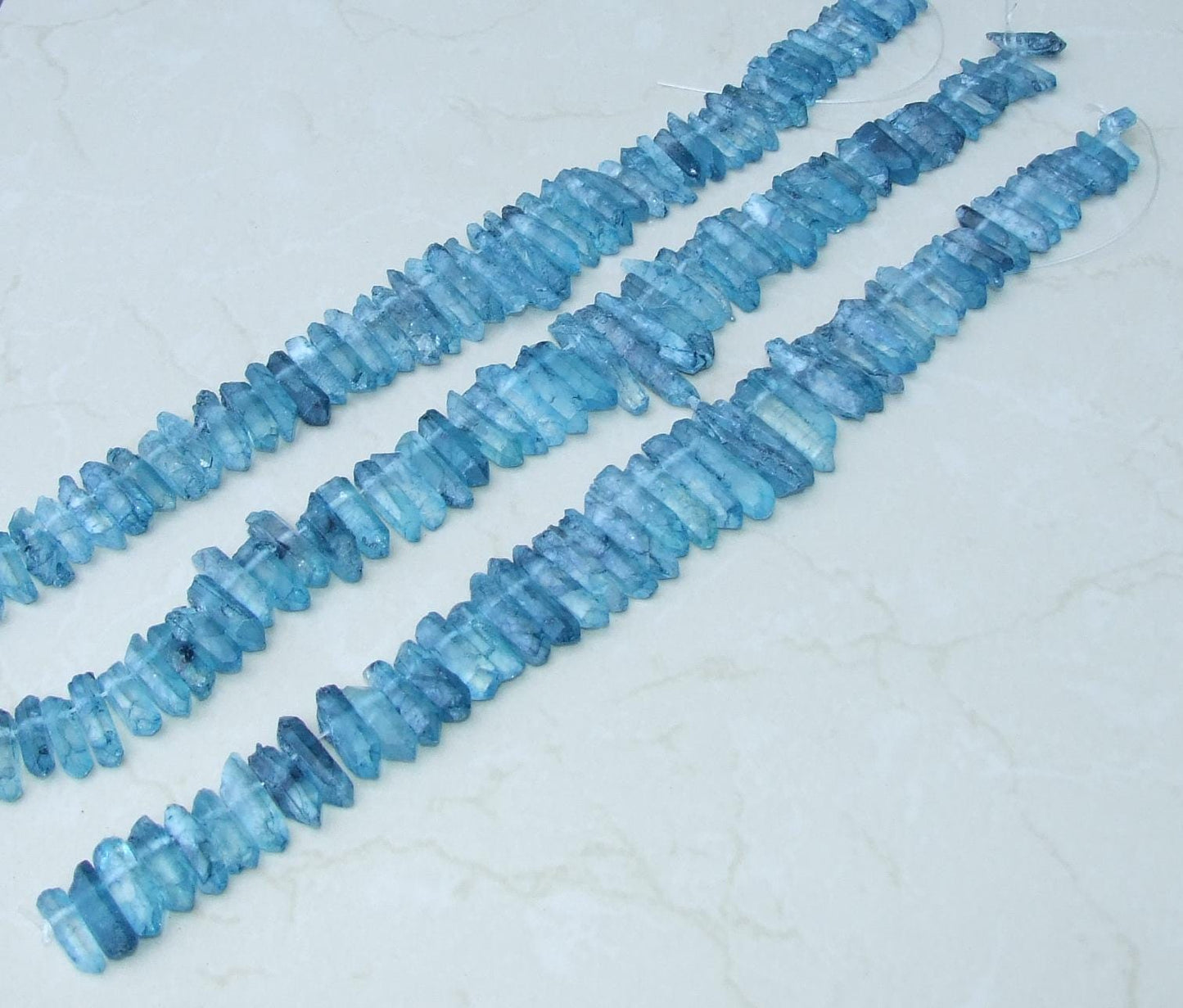 Lake Blue Titanium Quartz Points, Quartz Points Strand, Raw Points Top Drilled, Crystals Points Strand of Beads, 20-40mm - EDGBeadsandGems