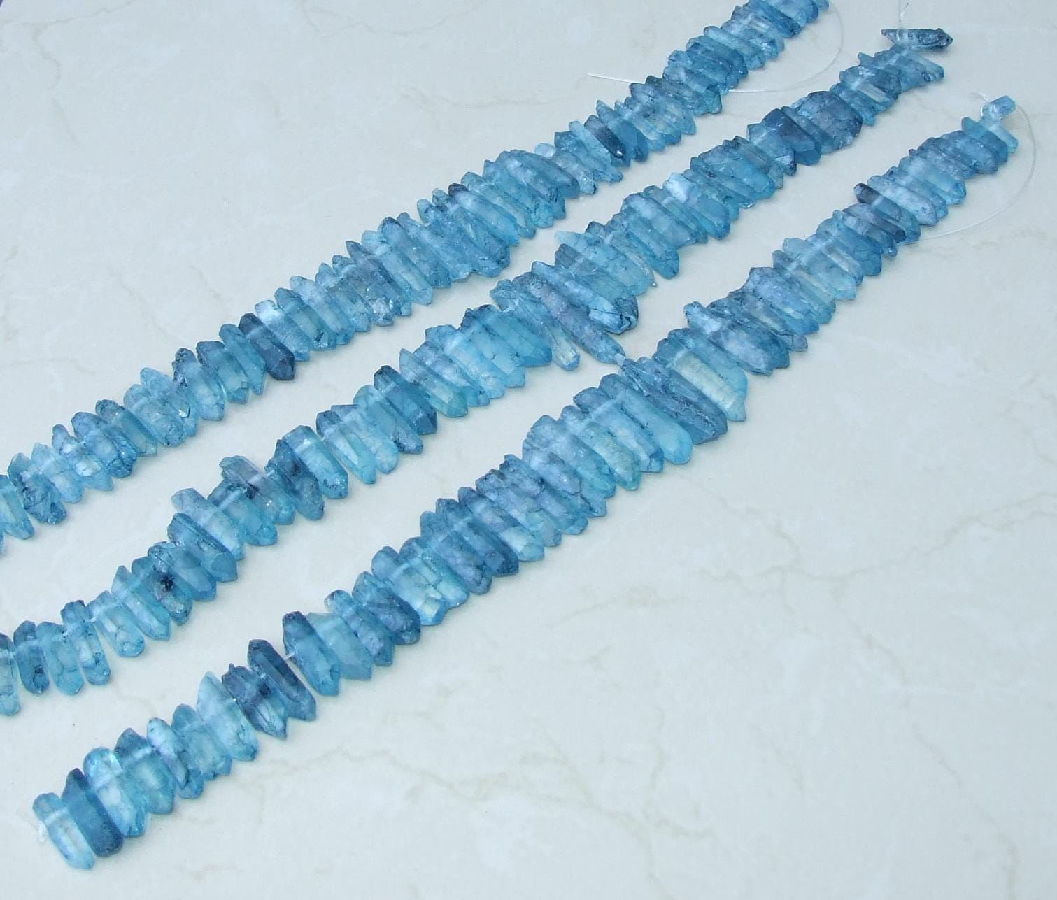 Lake Blue Titanium Quartz Points, Quartz Points Strand, Raw Points Top Drilled, Crystals Points Strand of Beads, 20-40mm - EDGBeadsandGems