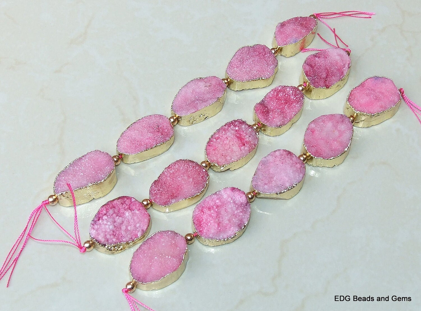 ON SALE - Pink - Druzy Connector, Druzy Agate Quartz. Gold Plated Edge - Center Drilled - Druzy Pendant - Full Strand - 30mm x 35mm - EDGBeadsandGems