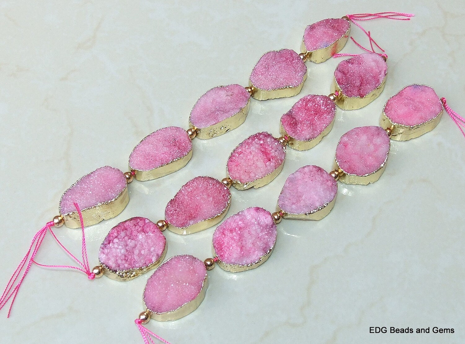 ON SALE - Pink - Druzy Connector, Druzy Agate Quartz. Gold Plated Edge - Center Drilled - Druzy Pendant - Full Strand - 30mm x 35mm - EDGBeadsandGems