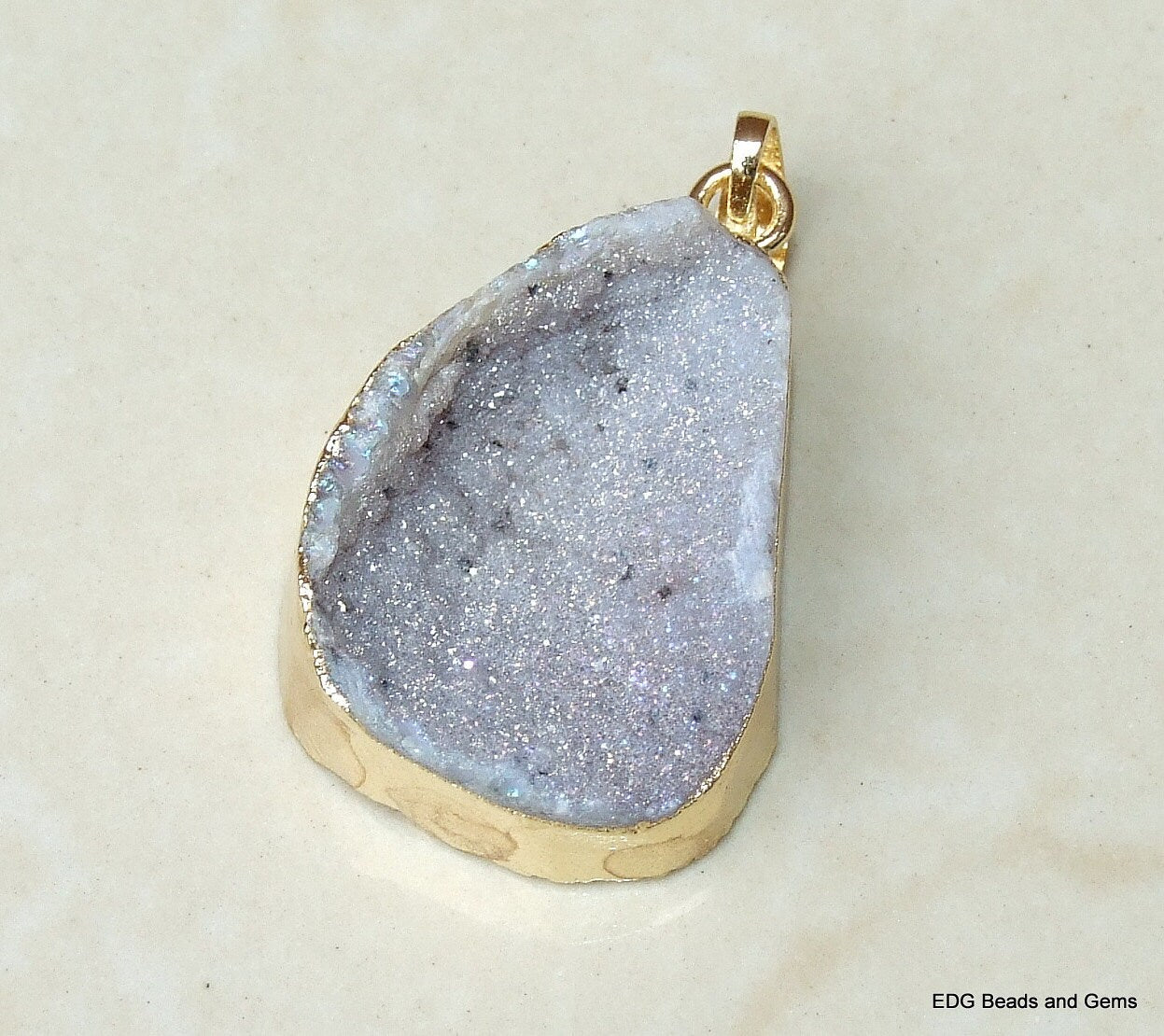 Druzy Pendant. Gold Plated Edge and Bail. Druzy Agate Quartz. Crystal Druzy Agate Pendant Bead - AB Druzy - 23mm x 30mm - 5654 - EDGBeadsandGems