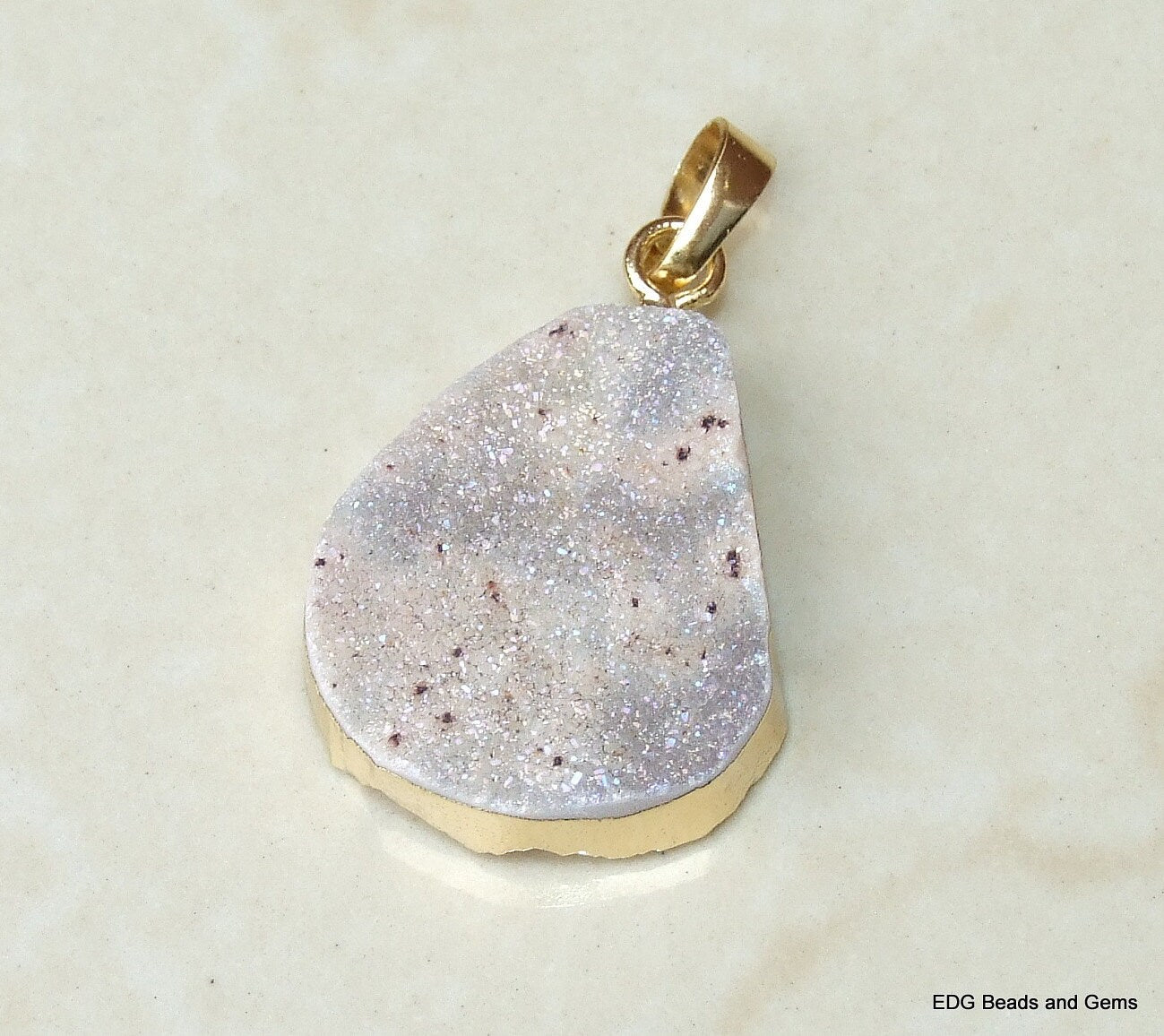 Druzy Pendant. Gold Plated Edge and Bail. Druzy Agate Quartz. Crystal Druzy Agate Pendant Bead - AB Druzy - 23mm x 27mm - 5662 - EDGBeadsandGems