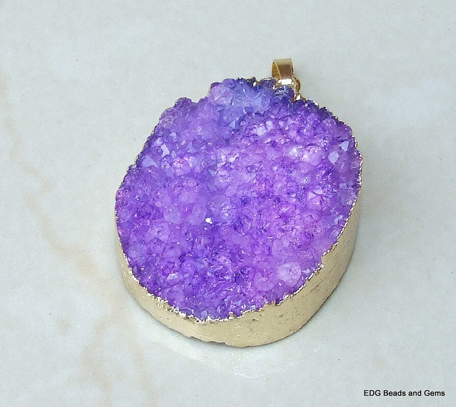 ON SALE Purple Druzy Quartz Agate Pendant. Purple Quartz Druzy Pendant - Quartz Druzy - Gold Plated Edge and Bail - 33mm x 39mm - 5811 - EDGBeadsandGems