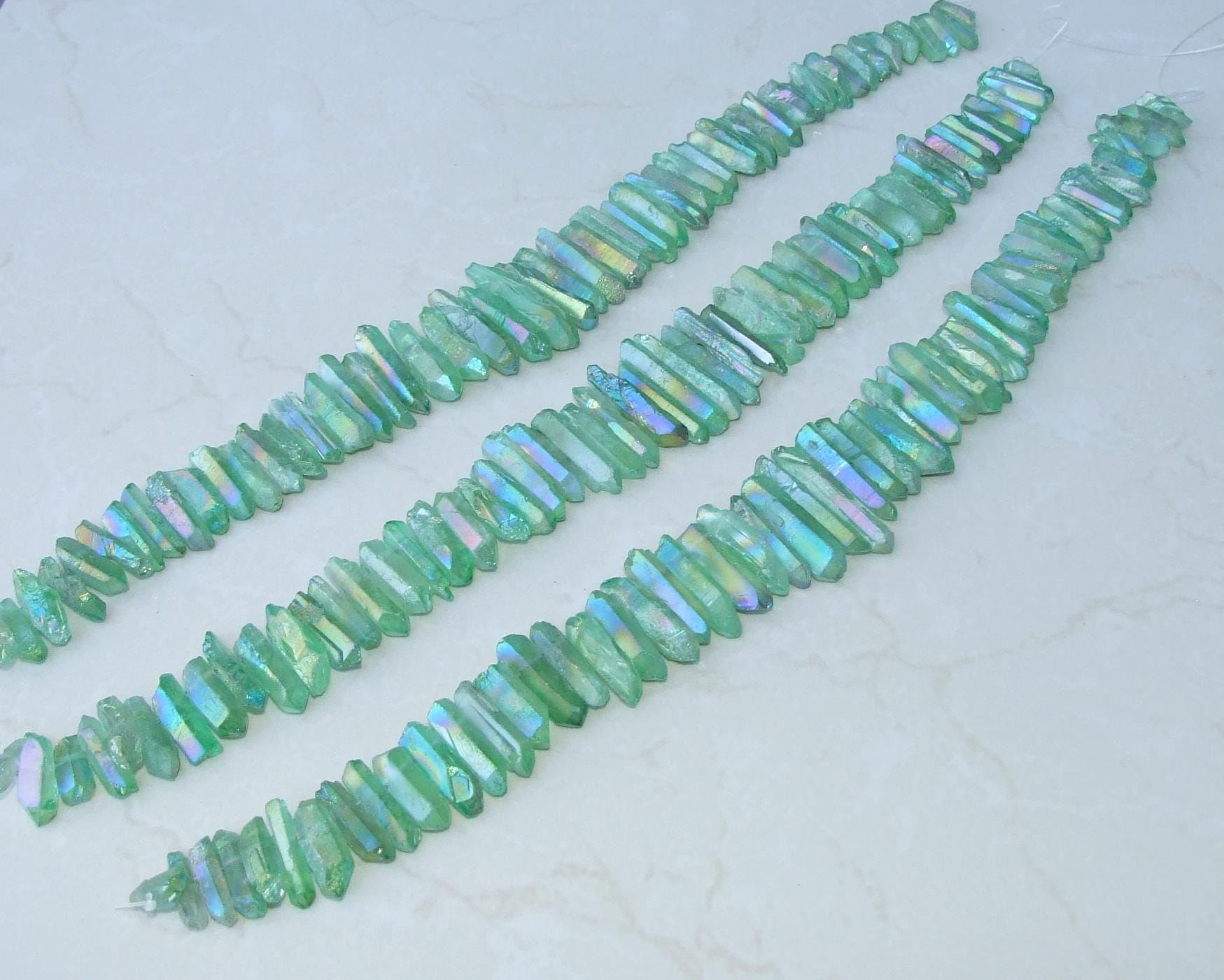 Green Titanium Quartz Cluster Point, Titanium Quartz Points Strand, Raw Quartz Points Drilled, Quartz Crystals Points Strand Beads, 20-40mm - EDGBeadsandGems