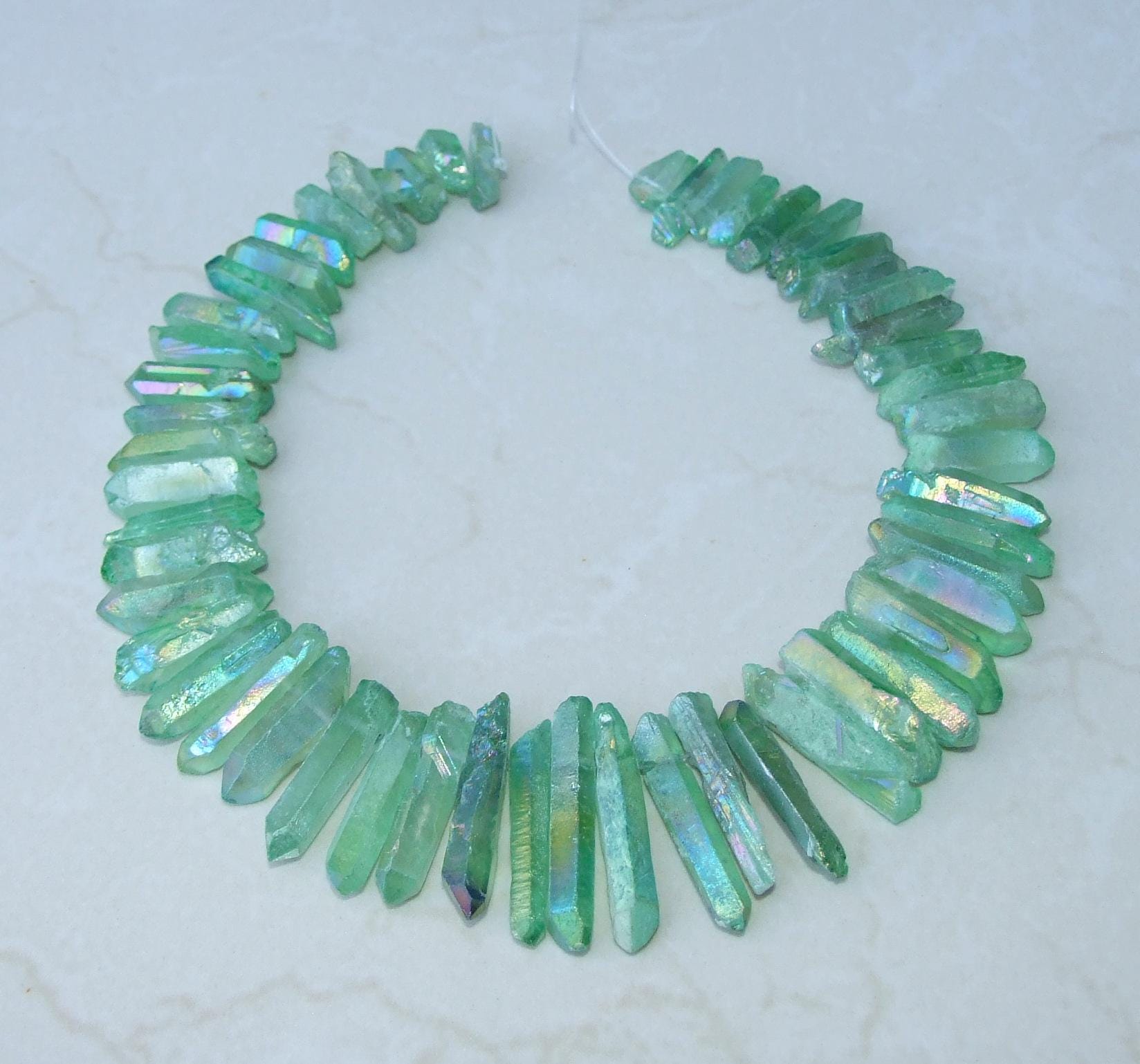 Green Titanium Quartz Cluster Point, Titanium Quartz Points Strand, Raw Quartz Points Drilled, Quartz Crystals Points Strand Beads, 20-40mm - EDGBeadsandGems