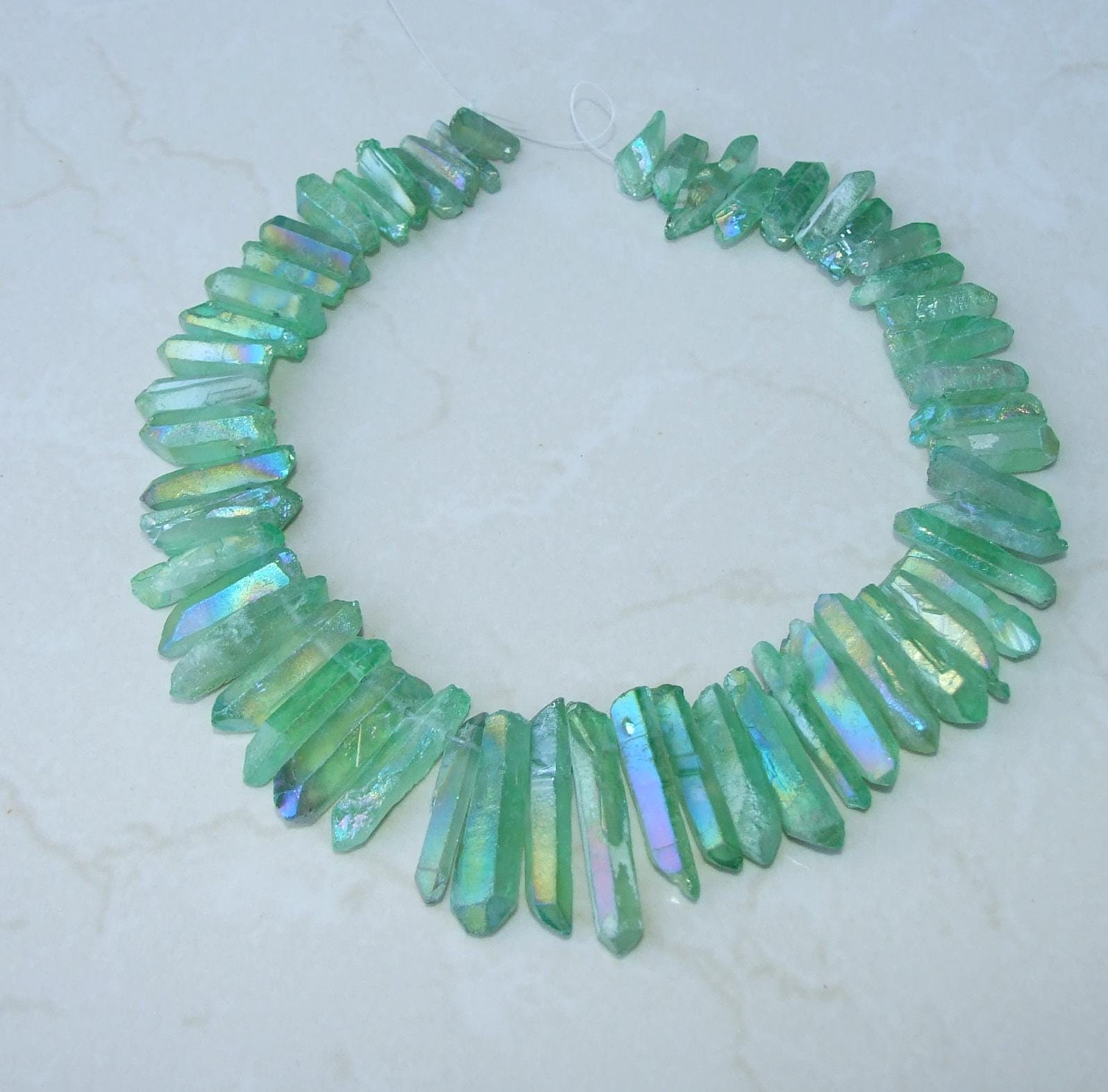 Green Titanium Quartz Cluster Point, Titanium Quartz Points Strand, Raw Quartz Points Drilled, Quartz Crystals Points Strand Beads, 20-40mm - EDGBeadsandGems