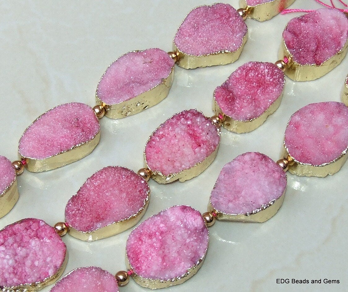 ON SALE - Pink - Druzy Connector, Druzy Agate Quartz. Gold Plated Edge - Center Drilled - Druzy Pendant - Full Strand - 30mm x 35mm - EDGBeadsandGems