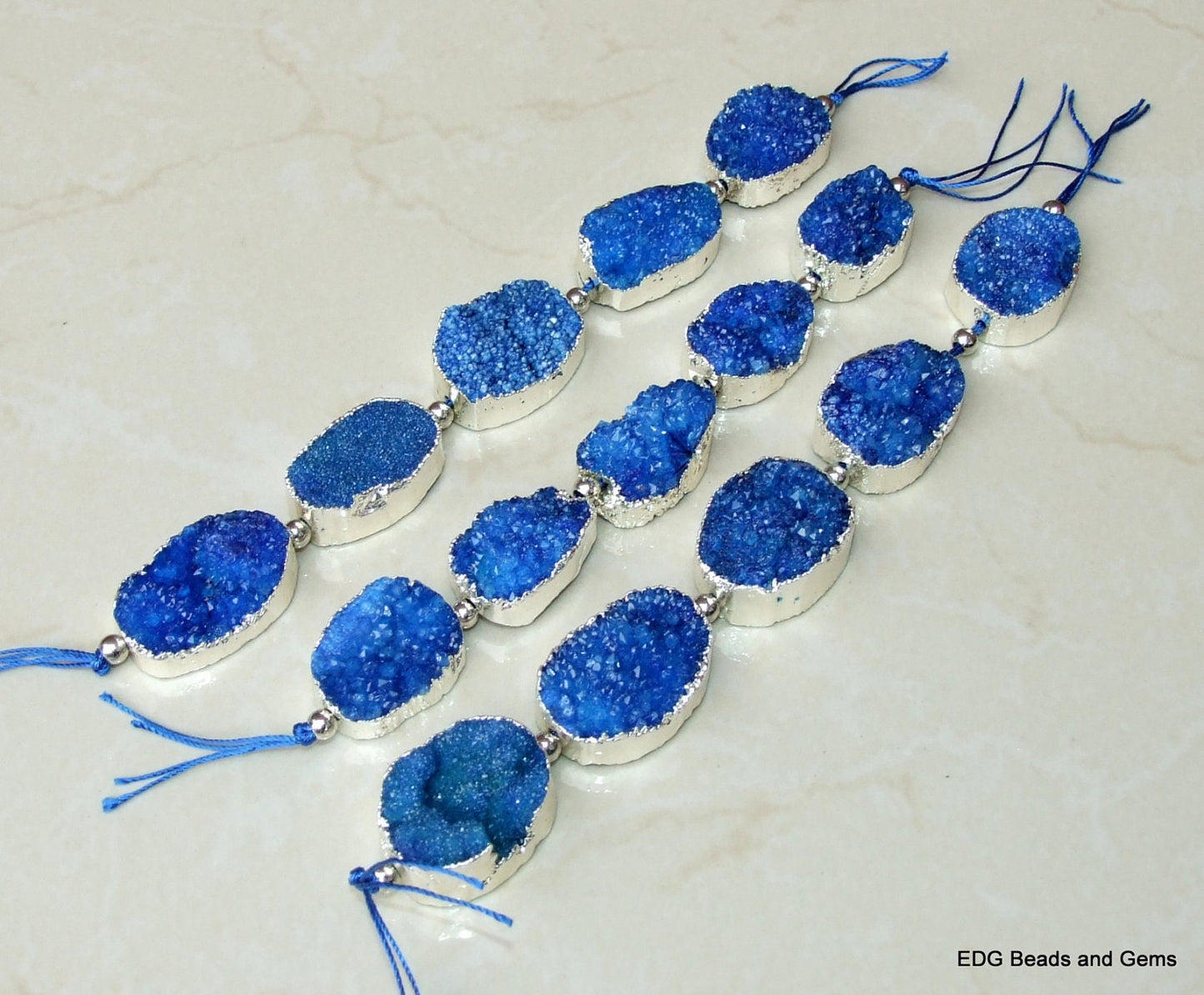 Lapis Blue - Druzy Connector, Druzy Agate Quartz. Silver Plated Edge - Center Drilled - Druzy Pendant - Full Strand - 30mm x 40mm - EDGBeadsandGems