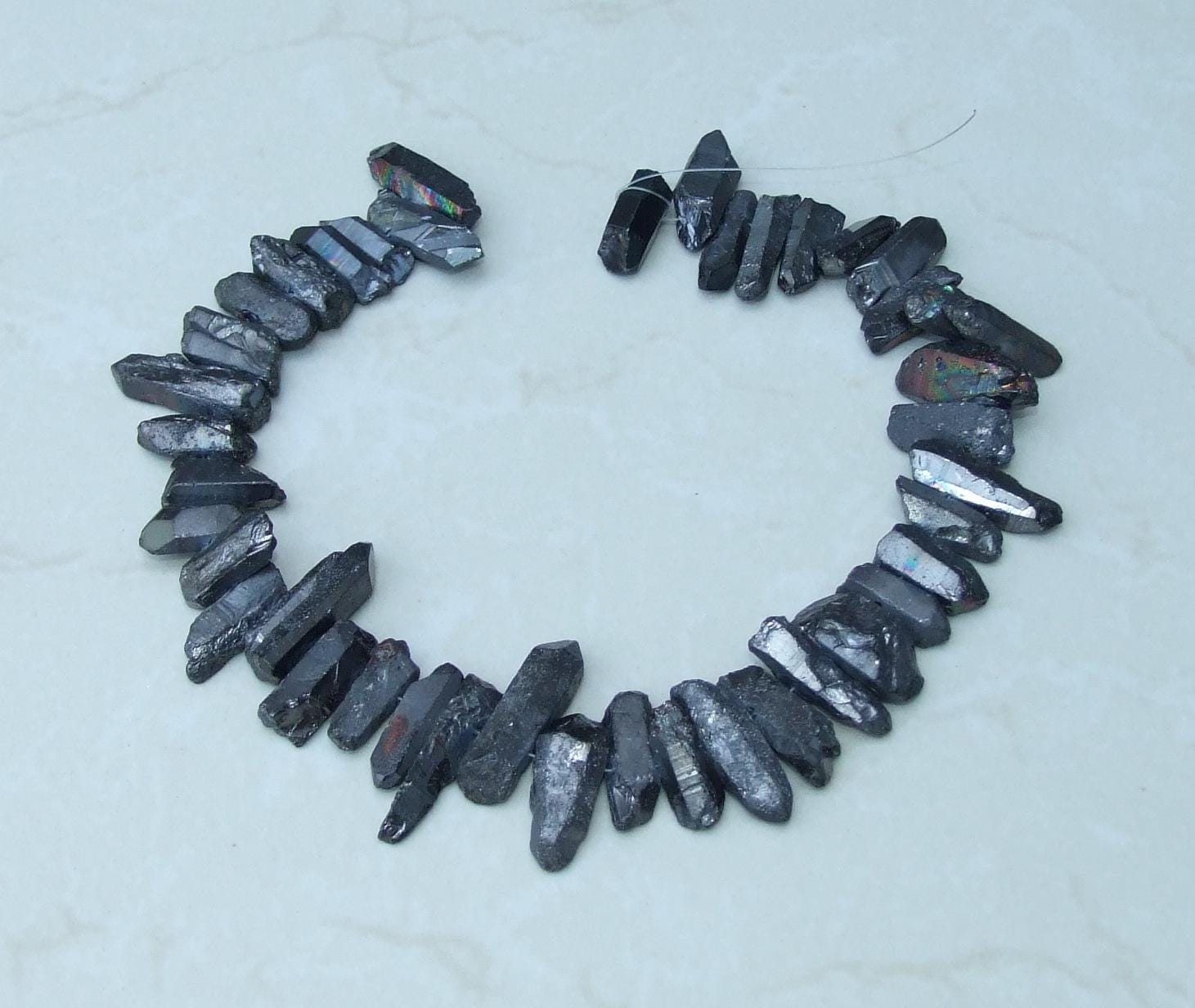 Thick Gunmetal AB Titanium Quartz Points, Random Length, Full Strand - 20mm - 33mm - 4476 - EDGBeadsandGems