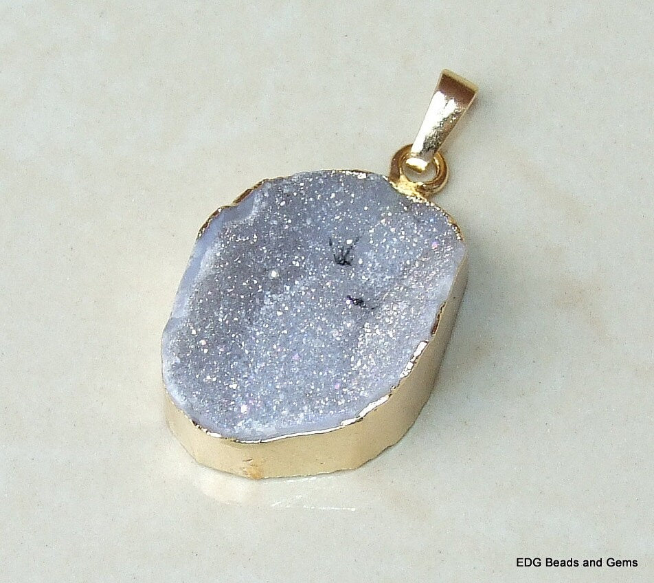 Druzy Pendant. Gold Plated Edge and Bail. Druzy Agate Quartz. Crystal Druzy Agate Pendant Bead - AB Druzy - 22mm x 30mm - 7590 - EDGBeadsandGems