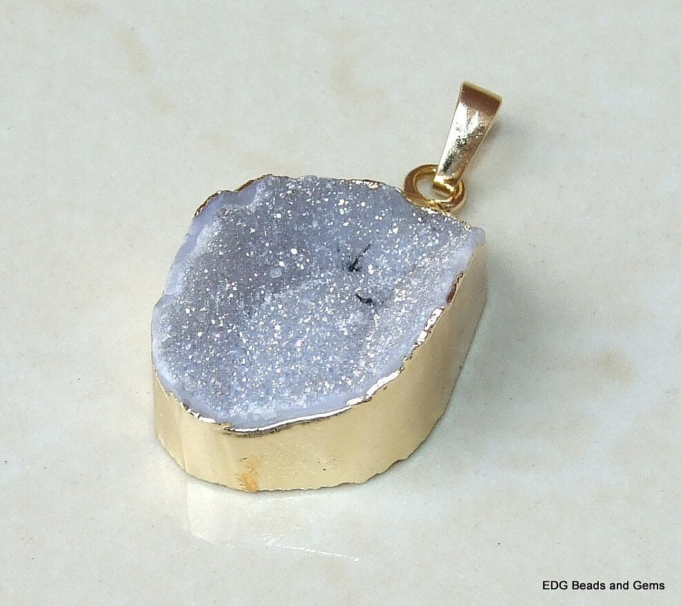 Druzy Pendant. Gold Plated Edge and Bail. Druzy Agate Quartz. Crystal Druzy Agate Pendant Bead - AB Druzy - 22mm x 30mm - 7590 - EDGBeadsandGems