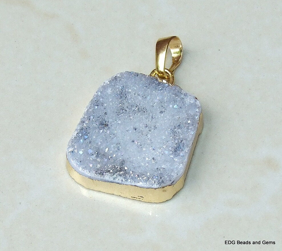 Druzy Pendant. Gold Plated Edge and Bail. Druzy Agate Quartz. Crystal Druzy Agate Pendant Bead - AB Druzy - 23mm x 25mm - 7594 - EDGBeadsandGems