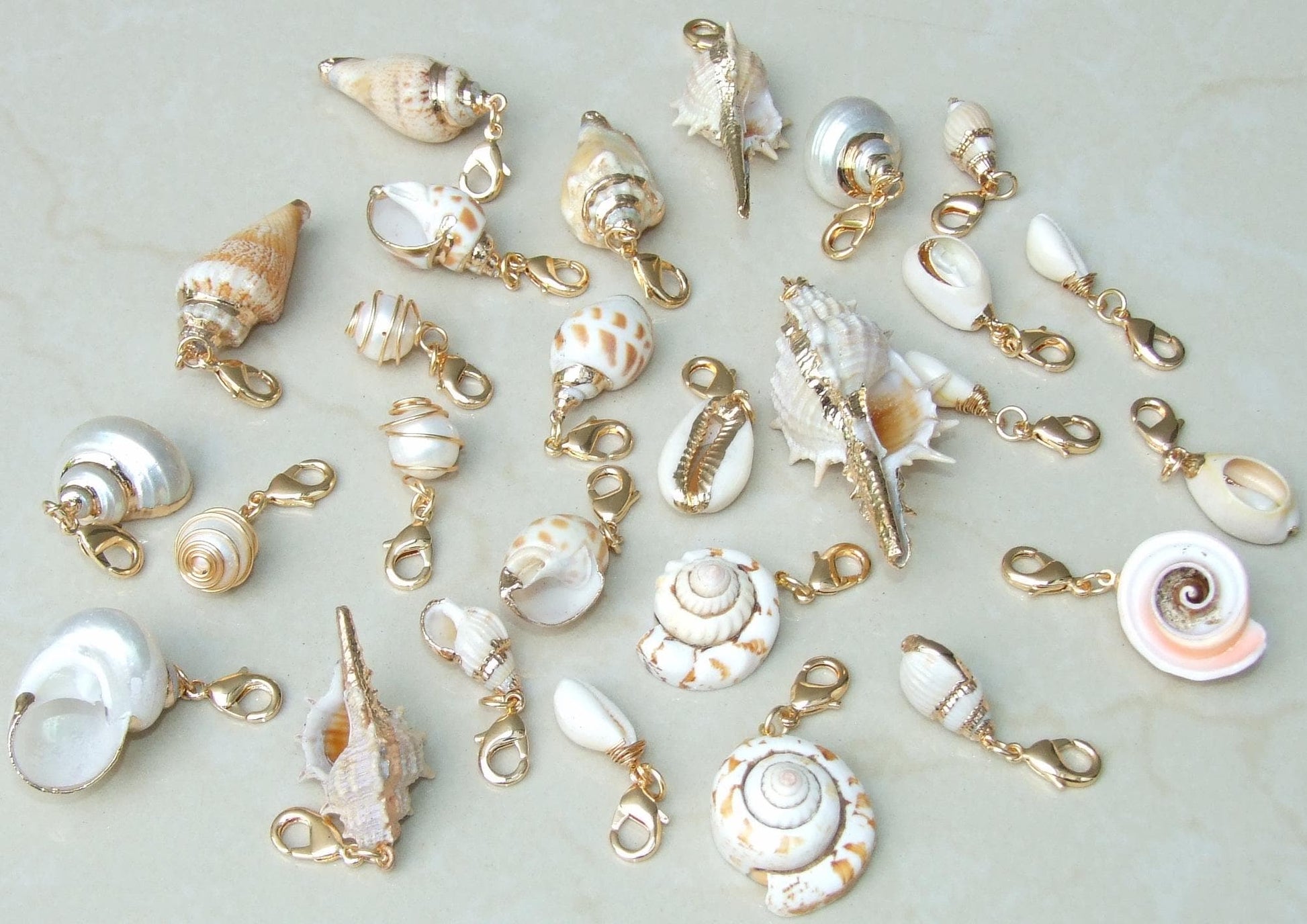 Nine Different 18K Seashell Charms, Pendants, Natural Sea shell, Seashell Necklace, Beach Ocean Jewelry, Fun in the Sun - EDGBeadsandGems