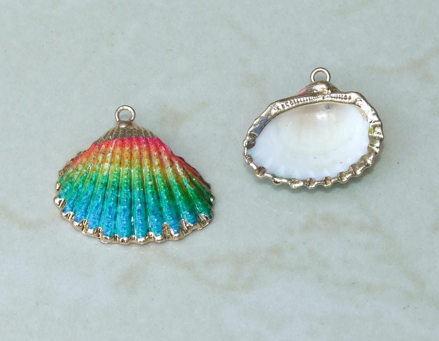 Hand Painted Scallop Shell Pendant, Gold Edge Loop, Natural Seashell, Ocean Shell Necklace, Beach Jewelry, Ocean Seashell, 42mm, 52mm 05D - EDGBeadsandGems