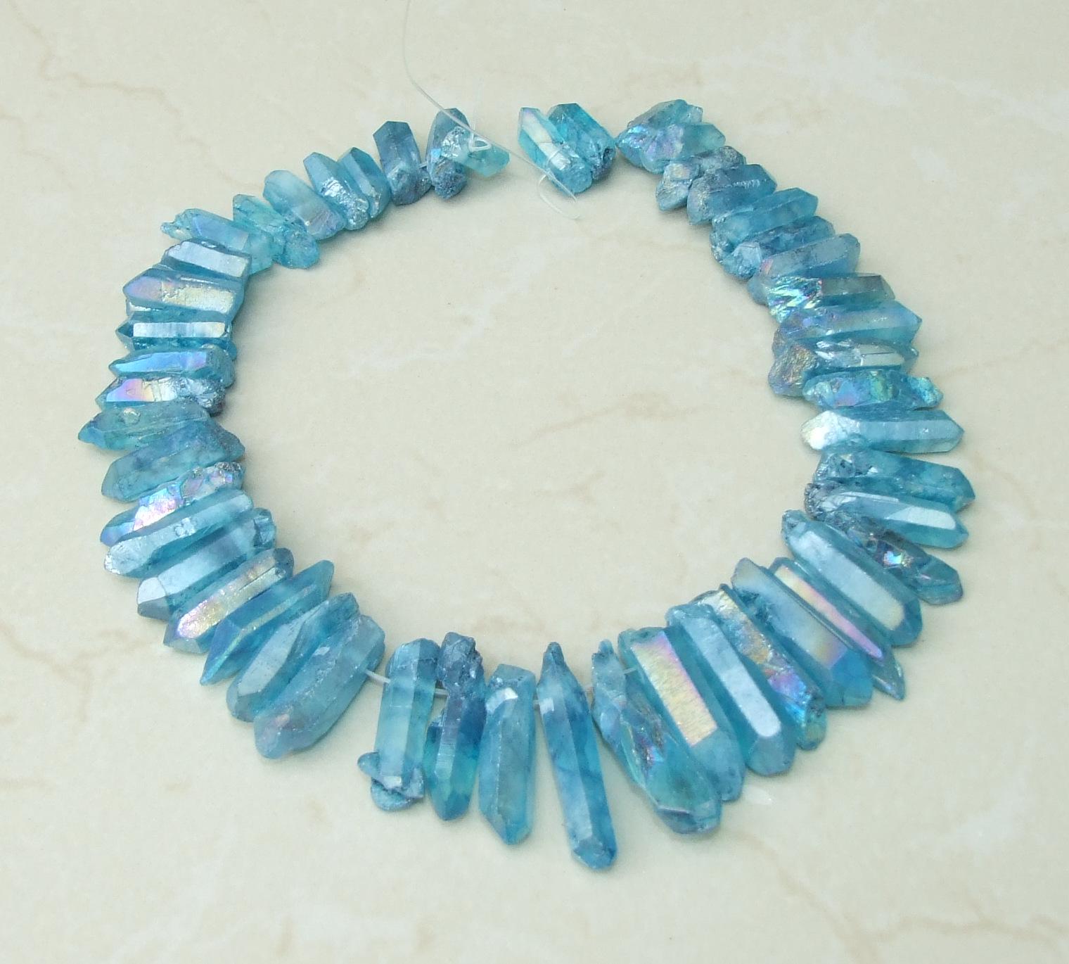 Electric Blue AB Titanium Quartz Crystal Points Strand, Top Drilled Beads (20-40mm) - EDGBeadsandGems