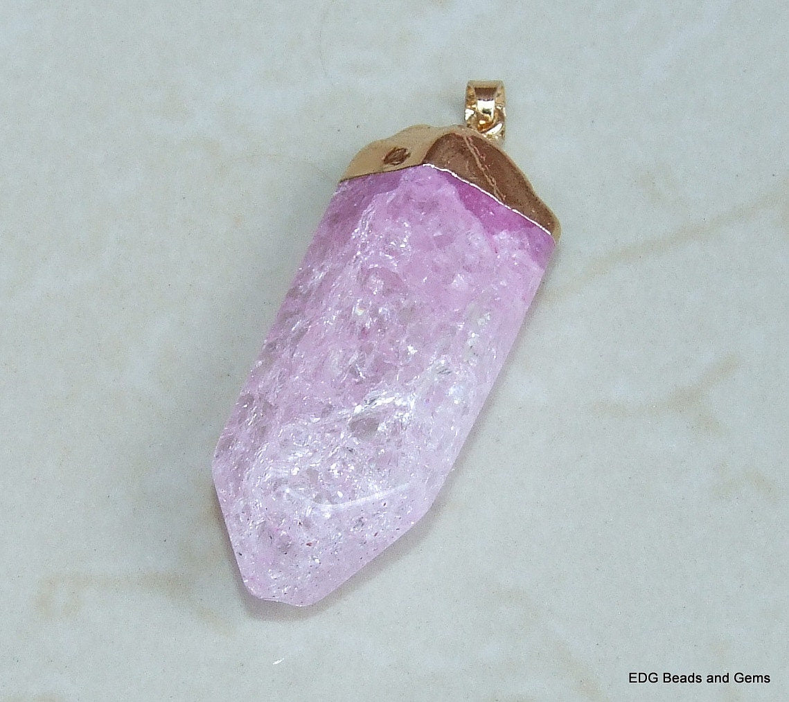 Pink Polished Quartz Crystal Pendant - Gold Plated Cap and Bail - Polished Cracked Quartz - 21mm x 51mm - 8097 - EDGBeadsandGems