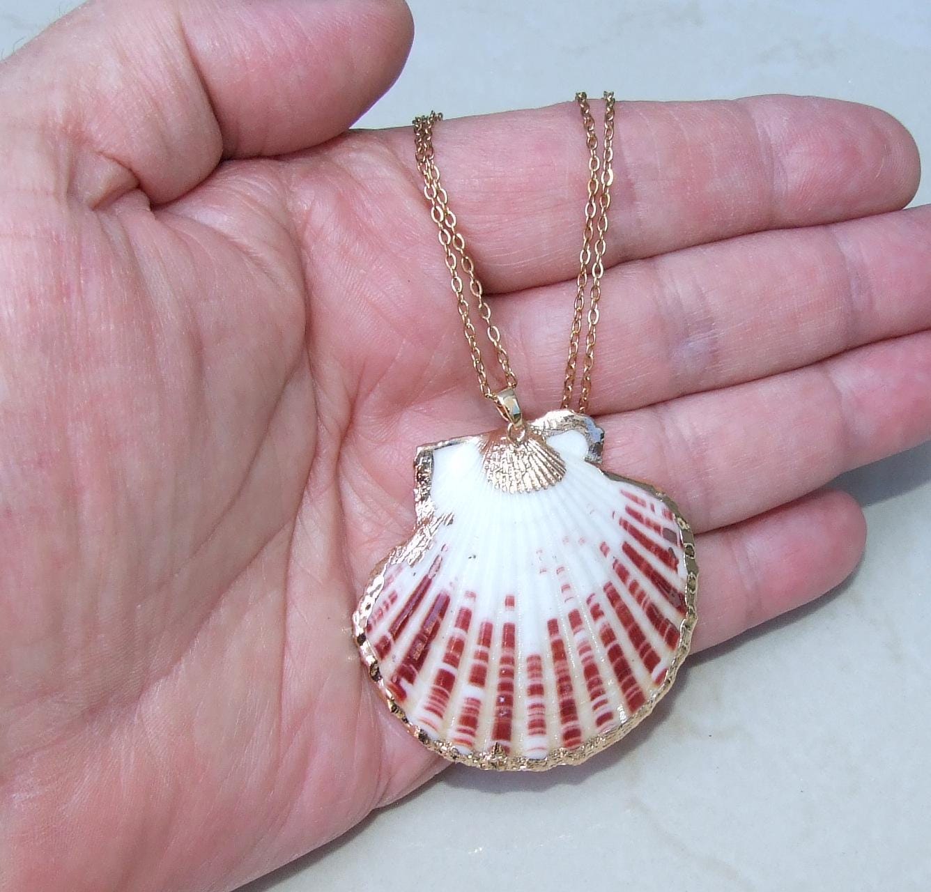 Natural Scallop Shell Pendant, Gold Edge Loop, Natural Seashell, Deep Sea, Shell Necklace, Beach Jewelry, Ocean Seashell, 32-42mm, 75-01 - EDGBeadsandGems