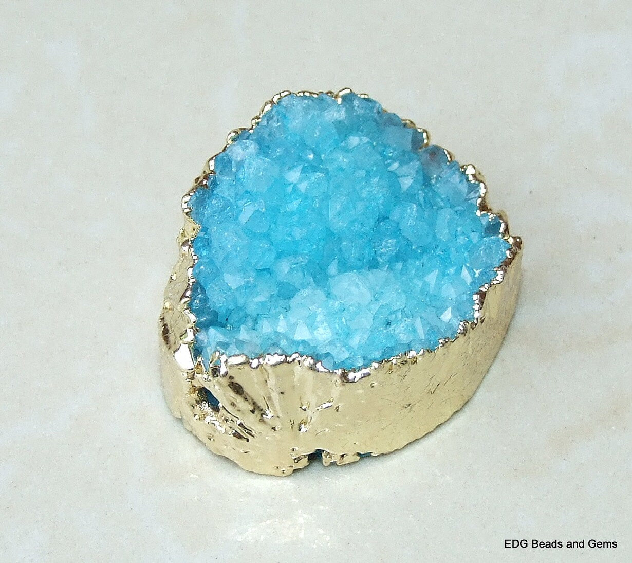 20% Off Blue Druzy Connector, Druzy Pendant. Gold Plated Edge - Center Drilled - Crystal Druzy Agate Pendant Bead - 29mm x 36mm - 7377 - EDGBeadsandGems