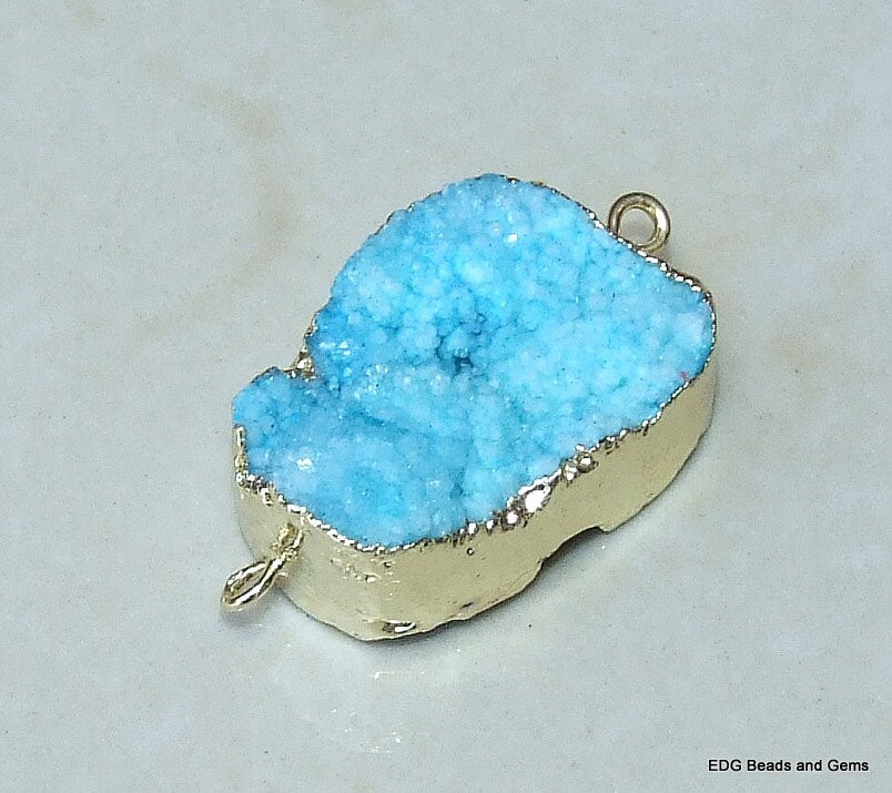 Blue - Druzy Connector - Quartz Druzy Agate - Druzy Connector- Druzy Pendant - Gold Plated Edge and Loops - 22mm x 28mm - 8620 - EDGBeadsandGems