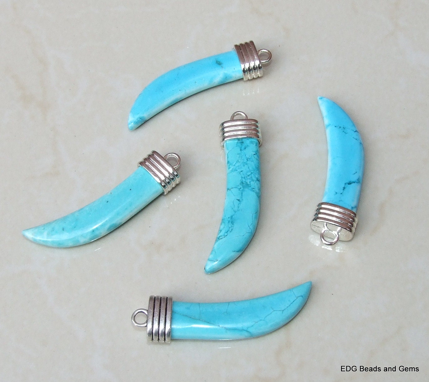 Turquoise Blue Howlite Tusk Pendant - Horn Tusk Spike Pendant - 10mm x 15mm x 55mm - Silver Cap - EDGBeadsandGems