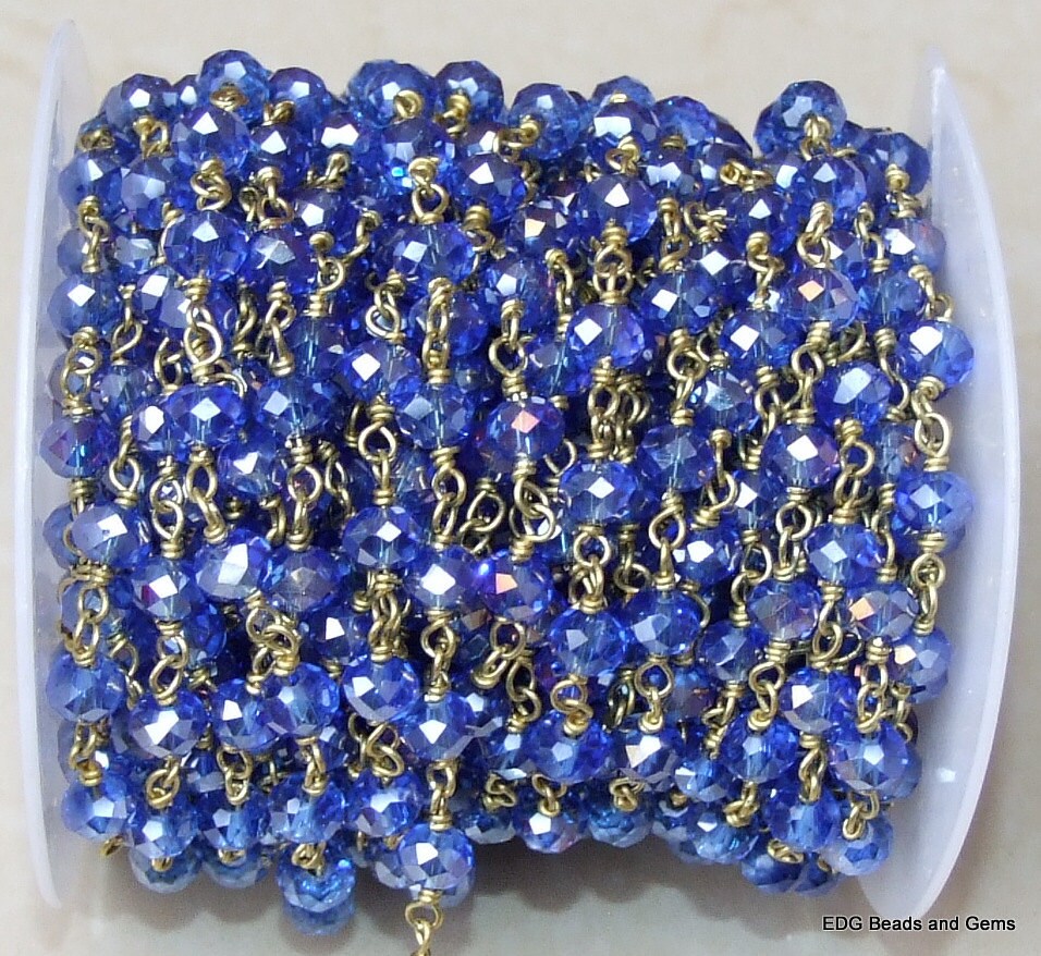 Sapphire Blue Glass Rosary Chain, Bulk Chain, Rondelle Glass Beads, Beaded Chain, Body Chain, Gold Chain, Necklace Chain, Belly Chain - EDGBeadsandGems