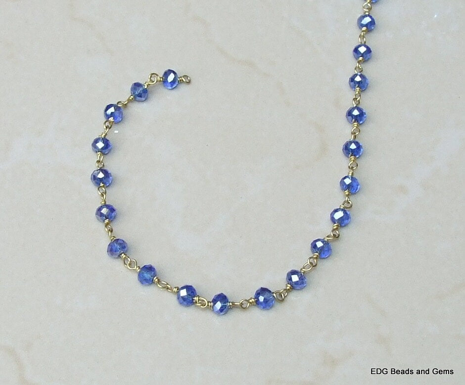 Sapphire Blue Glass Rosary Chain, Bulk Chain, Rondelle Glass Beads, Beaded Chain, Body Chain, Gold Chain, Necklace Chain, Belly Chain - EDGBeadsandGems