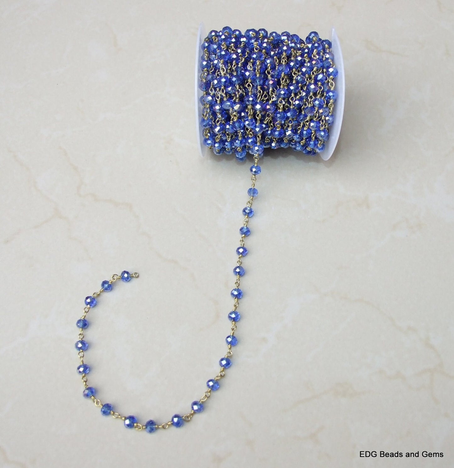 Sapphire Blue Glass Rosary Chain, Bulk Chain, Rondelle Glass Beads, Beaded Chain, Body Chain, Gold Chain, Necklace Chain, Belly Chain - EDGBeadsandGems