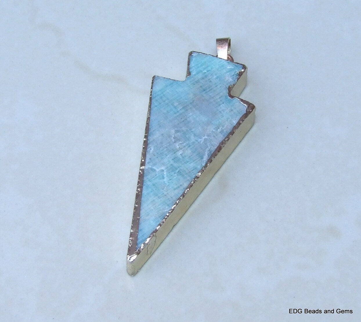 Amazonite Arrowhead Arrow Pendant - Green White Amazonite - Arrowhead Pendant - Stone - Bead - Gold Plated Edge - 25mm x 56mm - 1074 - EDGBeadsandGems