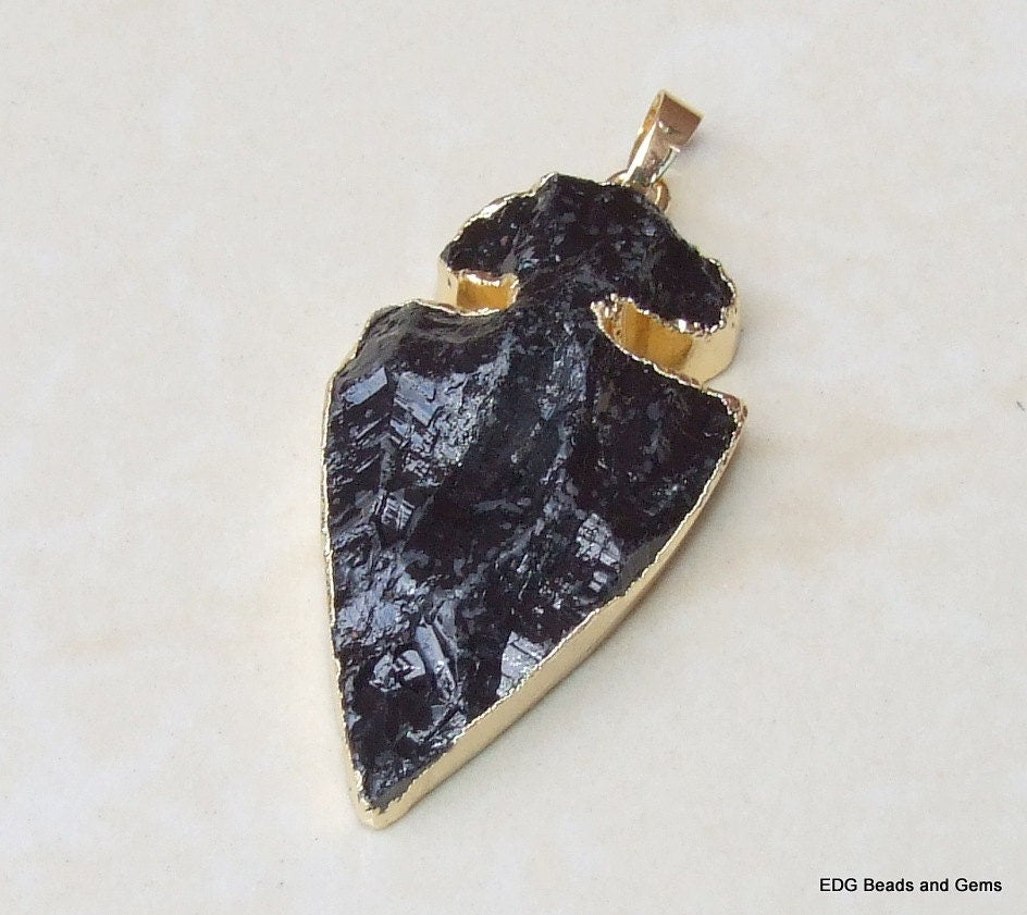 30% OFF - Black Jasper Arrowhead Pendant - Arrow Druzy Slab - Black Jasper Slab Pendant - Gold Plated Edge and Bail - 26mm x 48mm - 1753 - EDGBeadsandGems