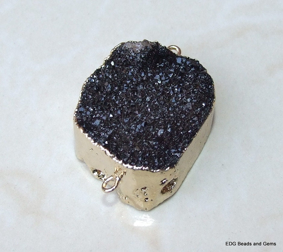 Black Druzy Connector - Quartz Druzy Agate - Druzy Connector- Druzy Pendant - Gold Plated Edge and Loops - 28mm x 33mm - 1919 - EDGBeadsandGems