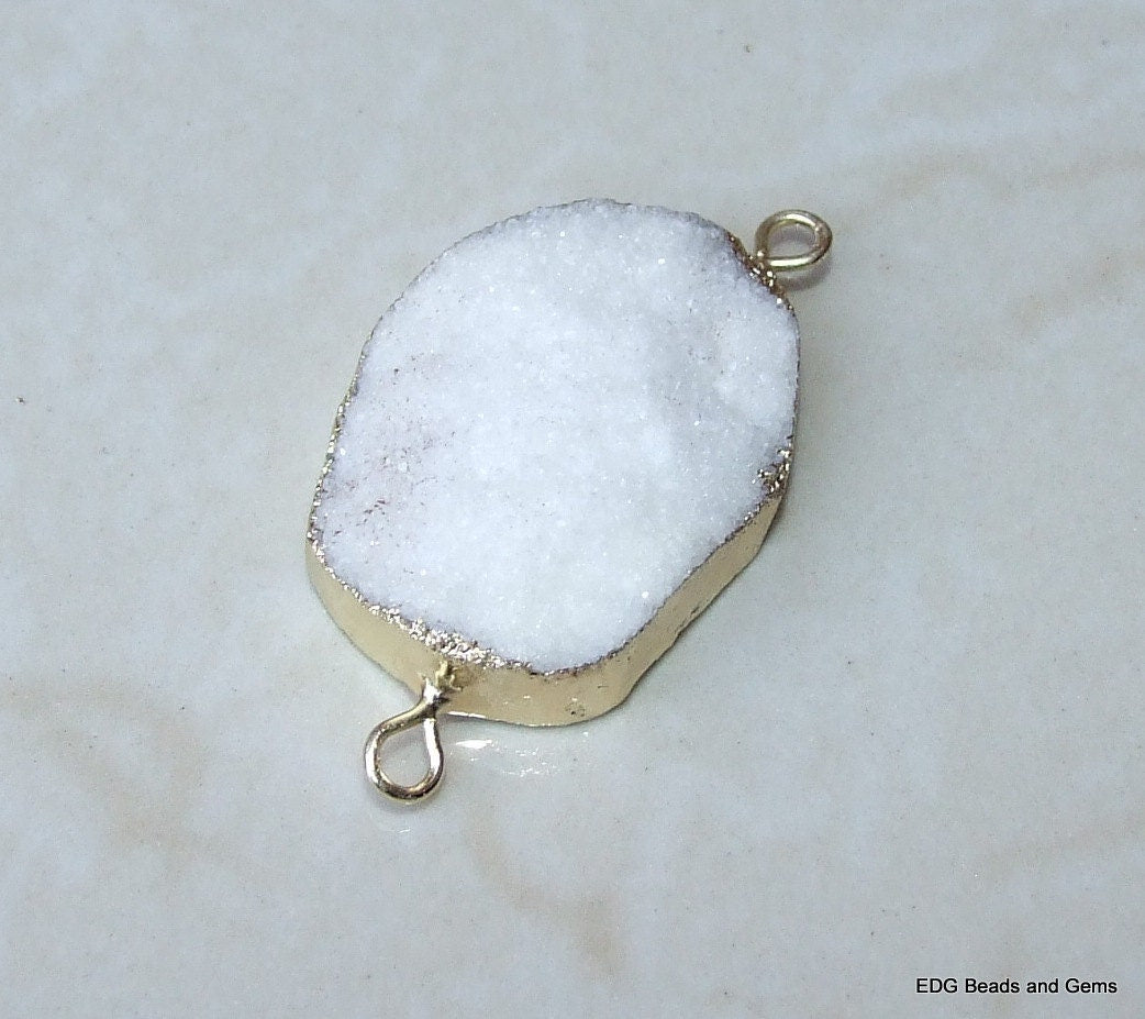 White - Druzy Connector, Druzy Agate Quartz. Gold Plated Edge - Crystal Druzy Agate Pendant Bead - 25mm x 34mm - 1938 - EDGBeadsandGems